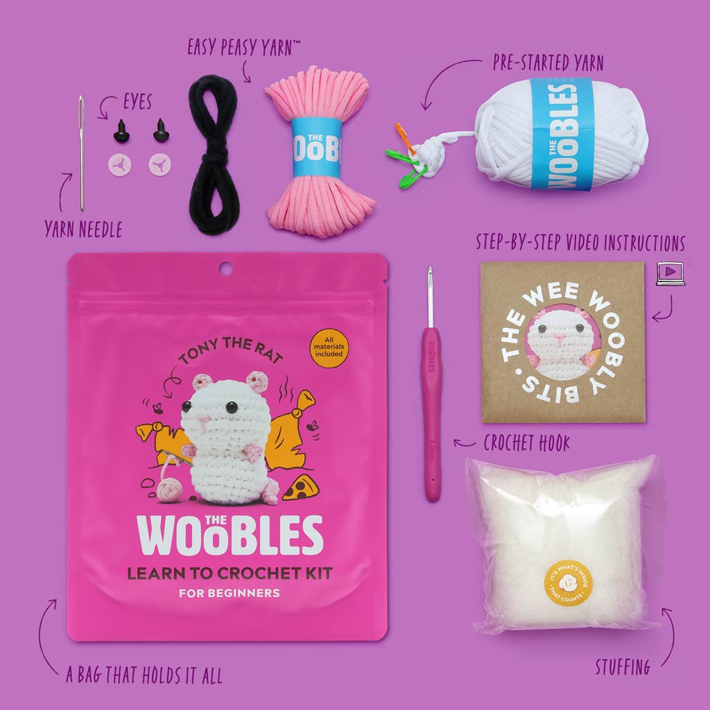 Educational Crochet Learning Kit – Beginner Fiber Arts Skill Development: Woobles Tony the Rat Crochet Kit