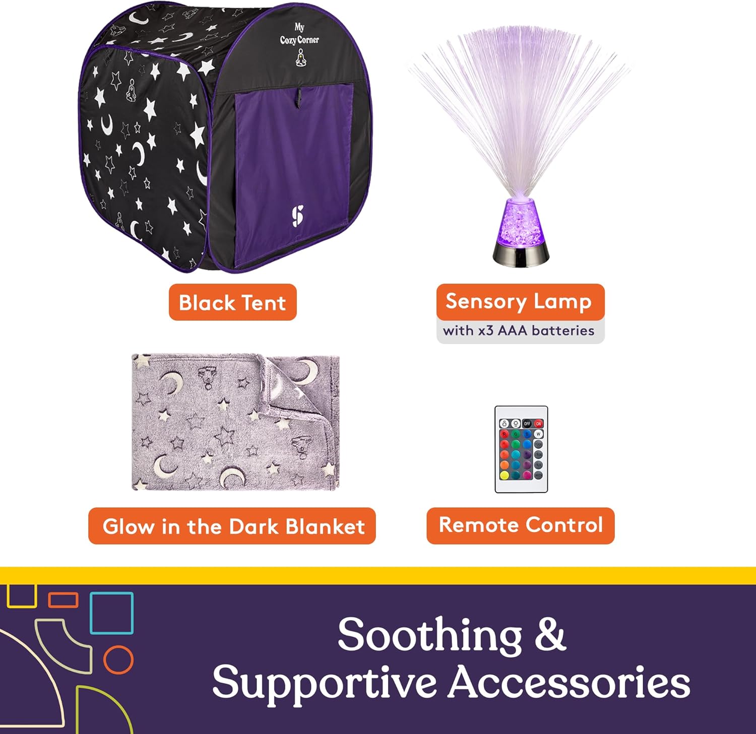 Blackout Sensory Tent for Kids, Pop Up Calming Play Room with Fiber Optic Lamp and Glow-in-The-Dark Fuzzy Blanket