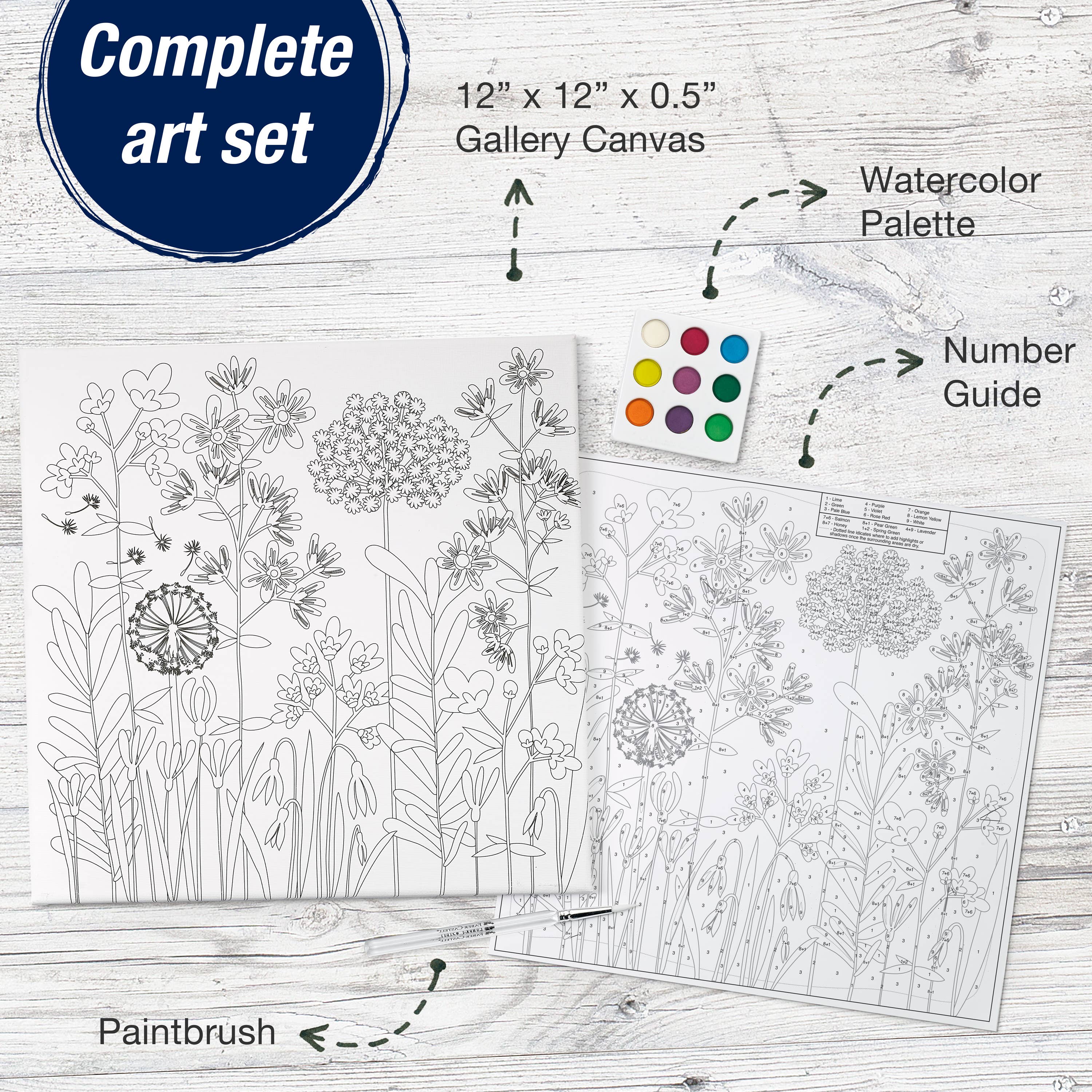 Educational Watercolor Art Kit: Paint-by-Number Farmhouse Floral Canvas – Learn Beginner Painting Techniques and Color Blending