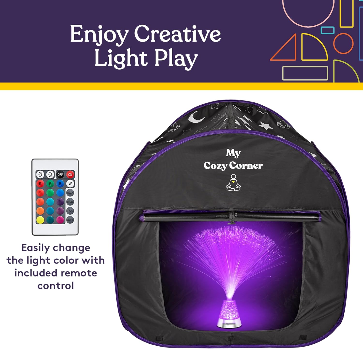 Blackout Sensory Tent for Kids, Pop Up Calming Play Room with Fiber Optic Lamp and Glow-in-The-Dark Fuzzy Blanket