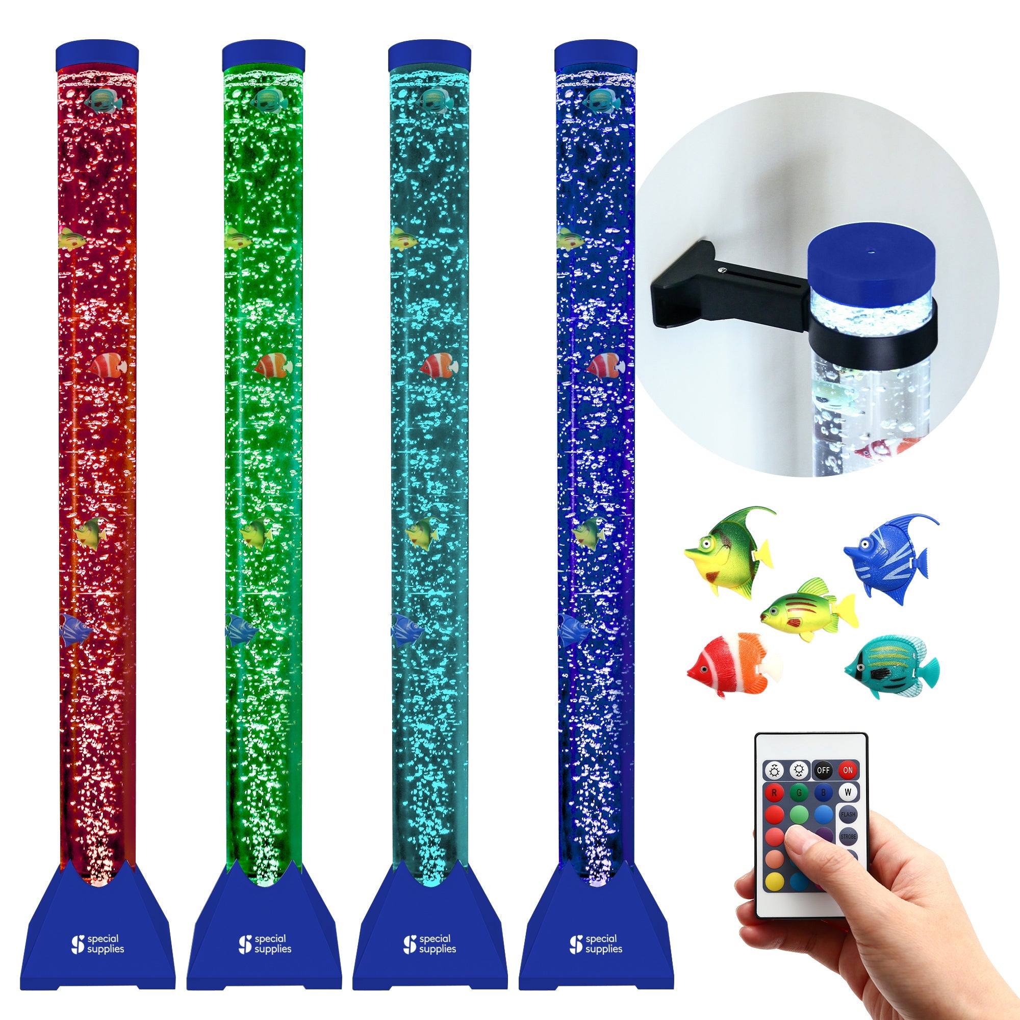 Aquarium Sensory Fish Bubble Light Tube with 16 LED Color Changing Nightlight Effect, Remote Control, and 5 Fishes, Colorful Floor Standing Lamp for Kids and Adults (4 feet)