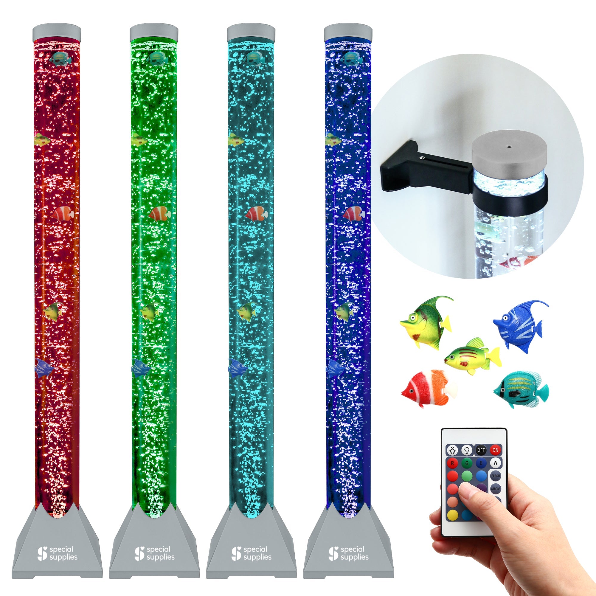Aquarium Sensory Fish Bubble Light Tube with 16 LED Color Changing Nightlight Effect, Remote Control, and 5 Fishes, Colorful Floor Standing Lamp for Kids and Adults (4 feet)