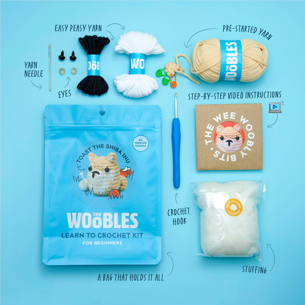 Educational Crochet Learning Kit – Beginner Fiber Arts Skill Development: Woobles Toast the Shiba Inu Crochet Kit