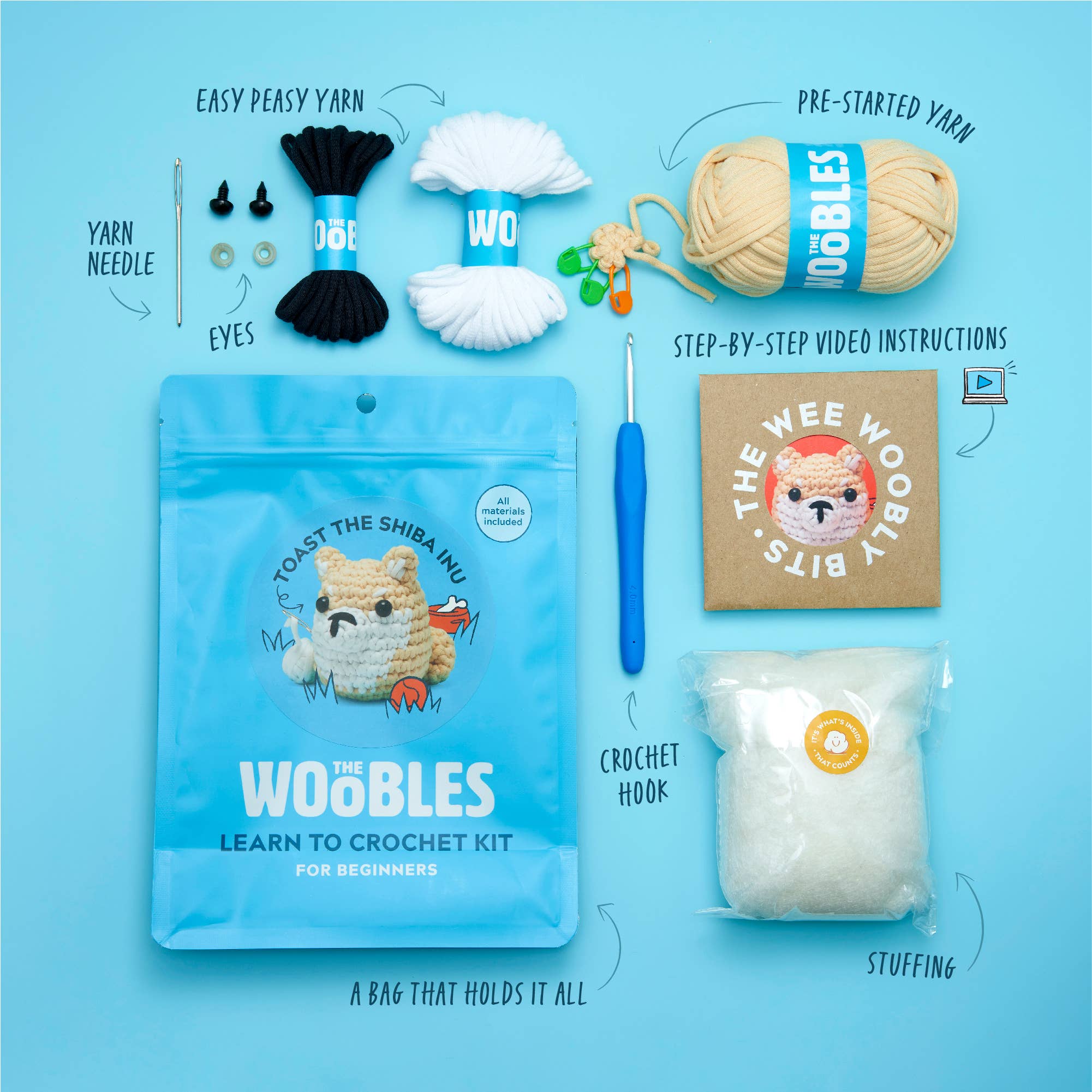 Educational Crochet Learning Kit – Beginner Fiber Arts Skill Development: Woobles Toast the Shiba Inu Crochet Kit