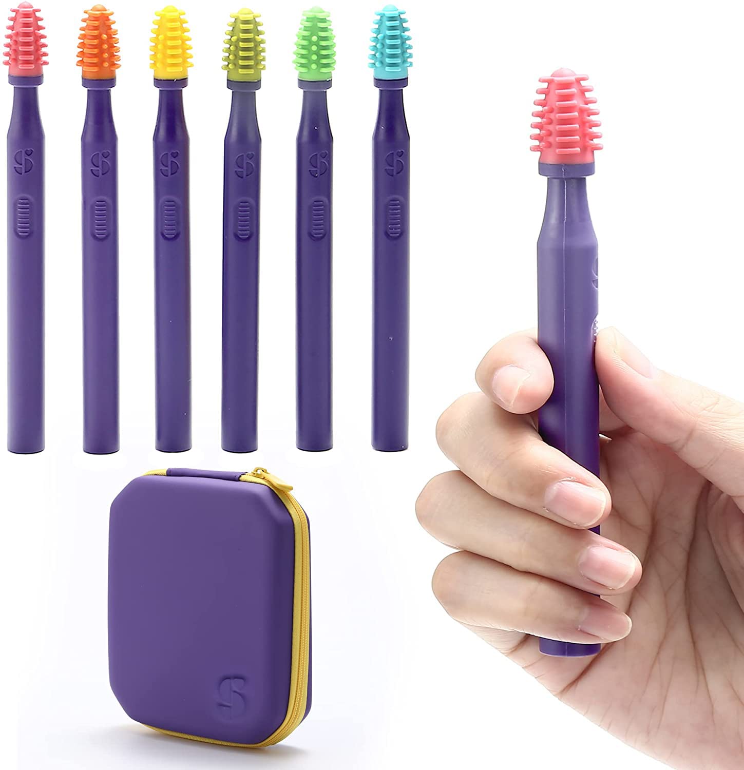Sensory Mouth Brushes and Oral Stimulation Tools for Kids and Adults, 6 Pack, with Soft Textured Heads, Travel Case Included
