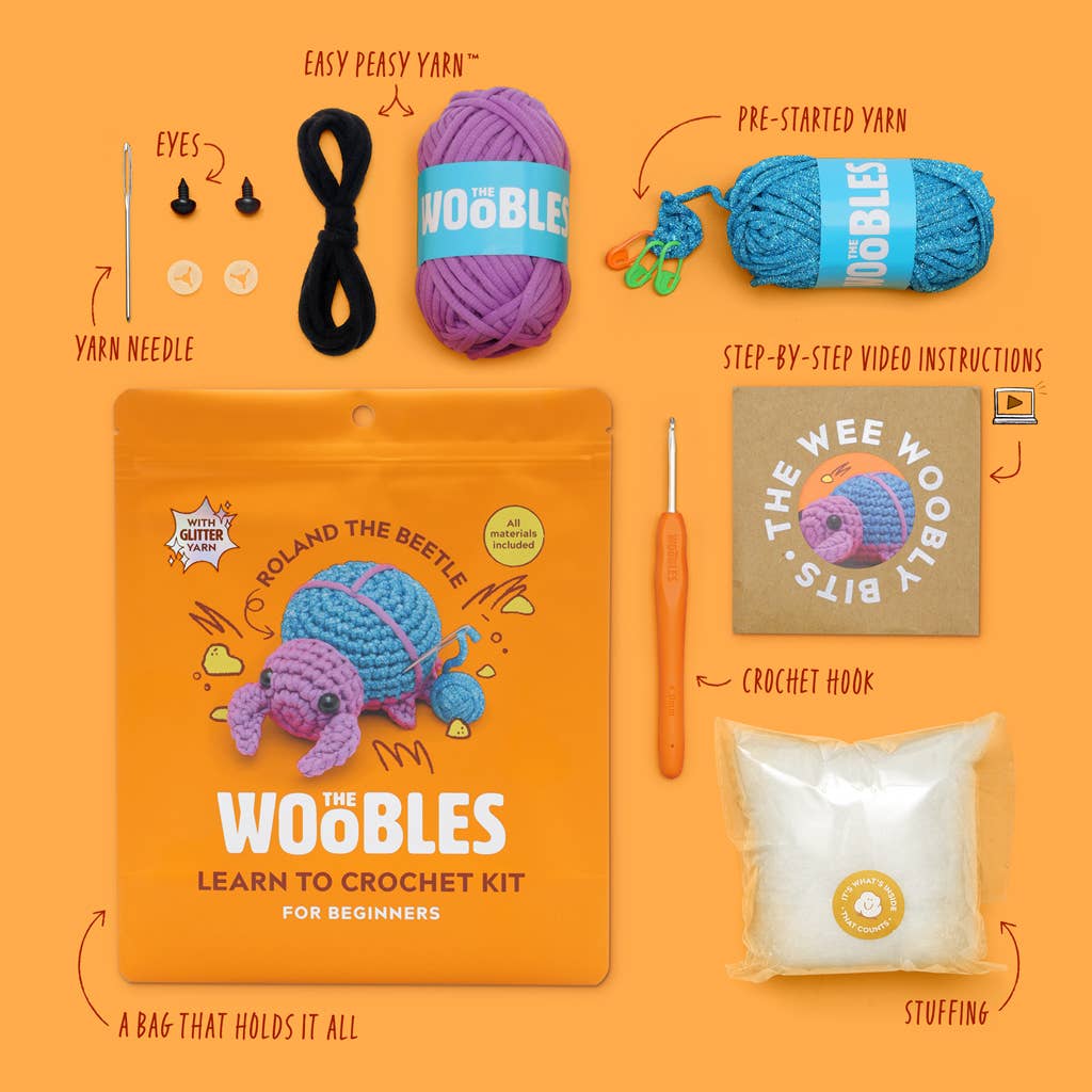 Educational Crochet Learning Kit – Beginner Fiber Arts Skill Development: Woobles Roland the Beetle Crochet Kit