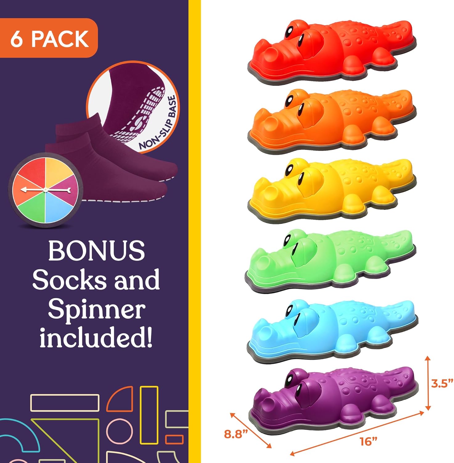 Alligator Stepping Stones for Kids Indoor and Outdoor Balance Blocks Promote Coordination, Balance, Strength Child Safe Rubber, Non-Slip Edging (Multi-Color, 6)