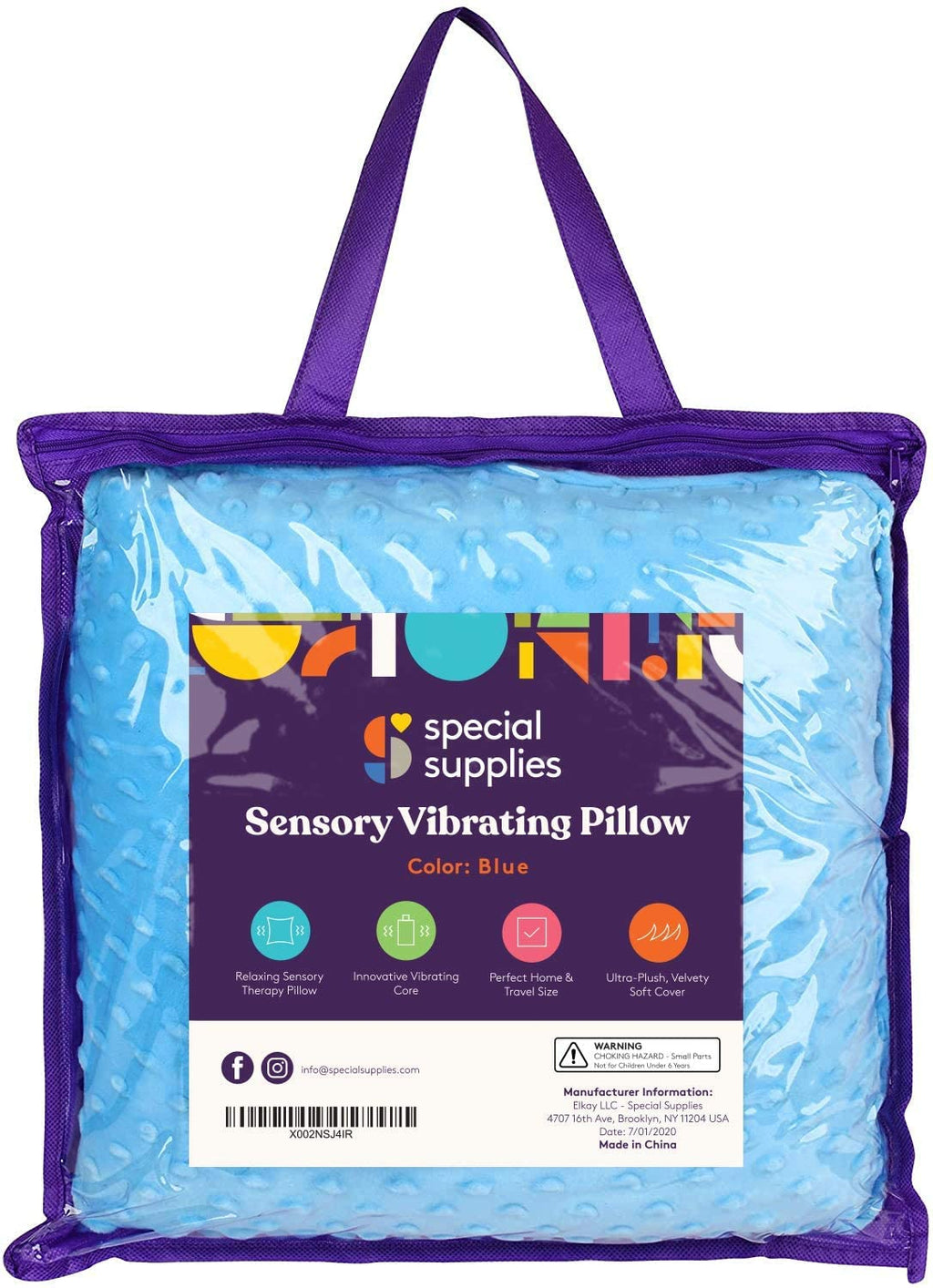 Sensory Vibrating Pillow – Pressure-Activated Calming Support for Kids & Adults, 12” Plush with Textured Bumps, 3 Vibration Modes, Music & Voice Recording (Blue)