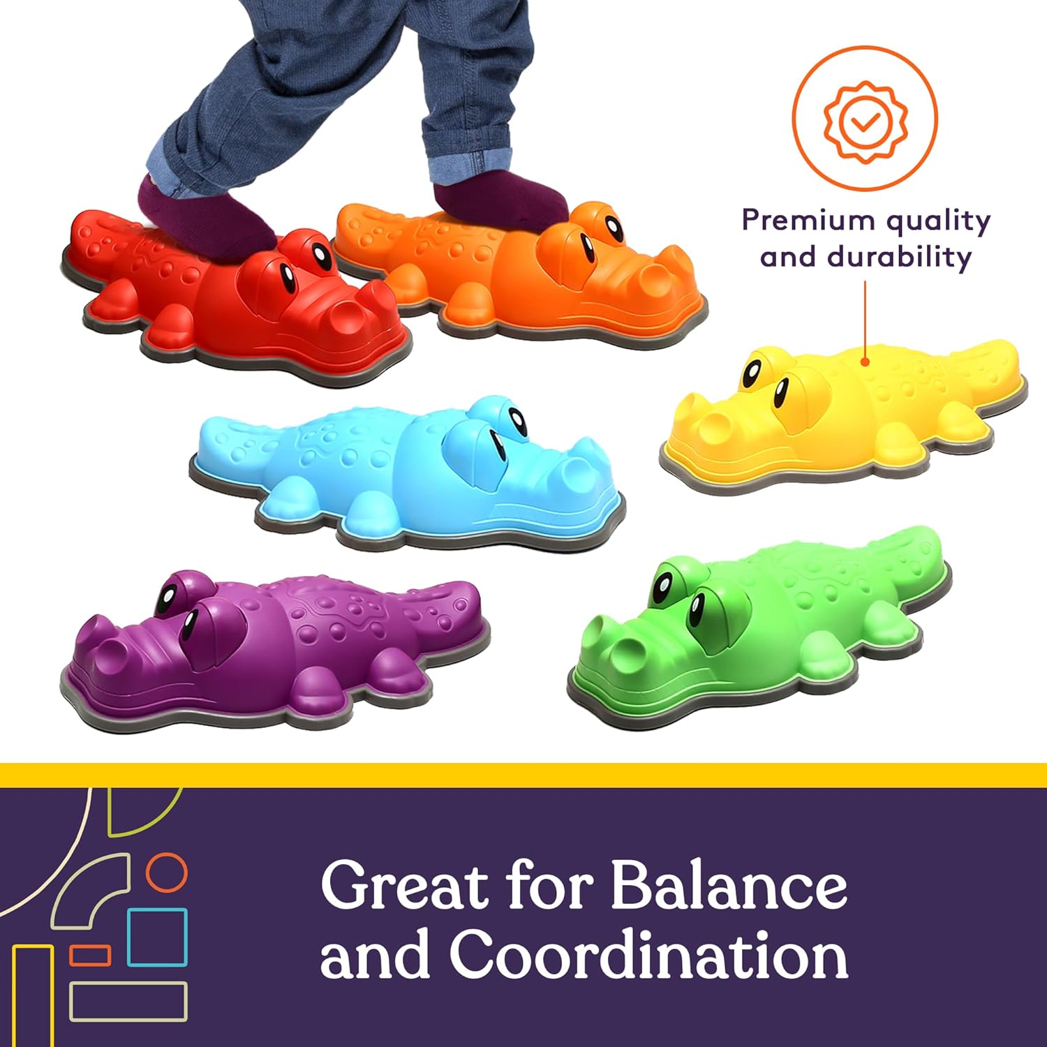 Alligator Stepping Stones for Kids Indoor and Outdoor Balance Blocks Promote Coordination, Balance, Strength Child Safe Rubber, Non-Slip Edging (Multi-Color, 6)