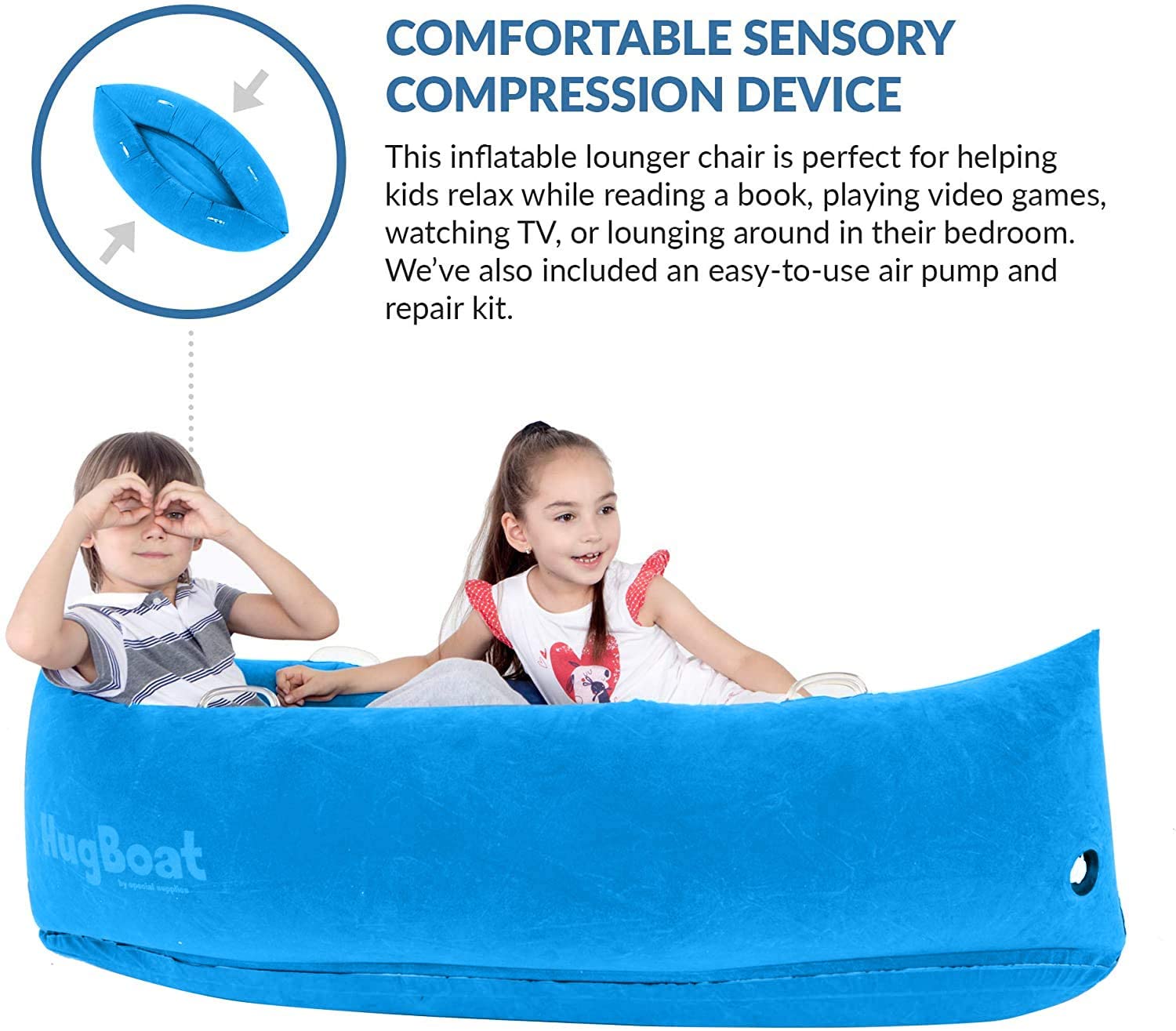 Inflatable HugBoat - Calming Cozy Boat Deep Pressure, Soft Vinyl, Blue 60"