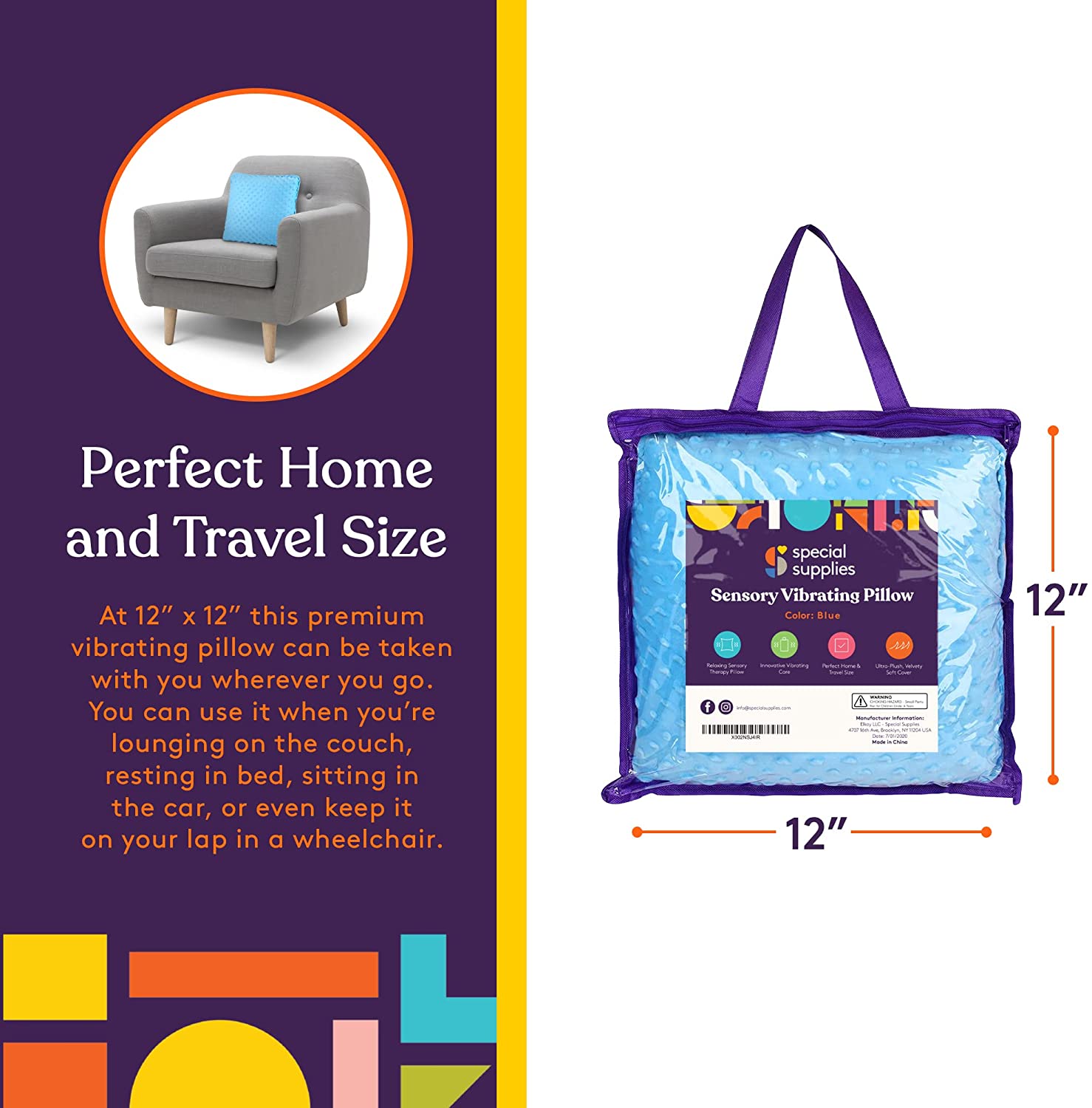 Sensory Vibrating Pillow – Pressure-Activated Calming Support for Kids & Adults, 12” Plush with Textured Bumps, 3 Vibration Modes, Music & Voice Recording (Blue)