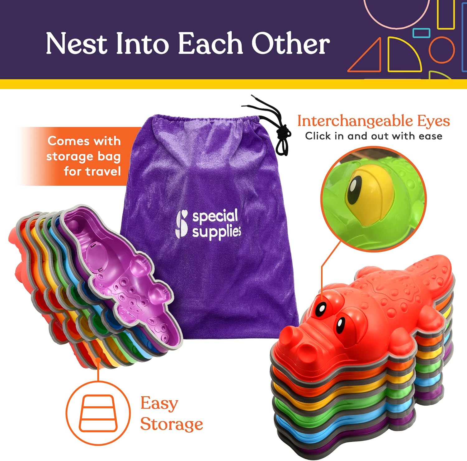 Alligator Stepping Stones for Kids Indoor and Outdoor Balance Blocks Promote Coordination, Balance, Strength Child Safe Rubber, Non-Slip Edging (Multi-Color, 6)