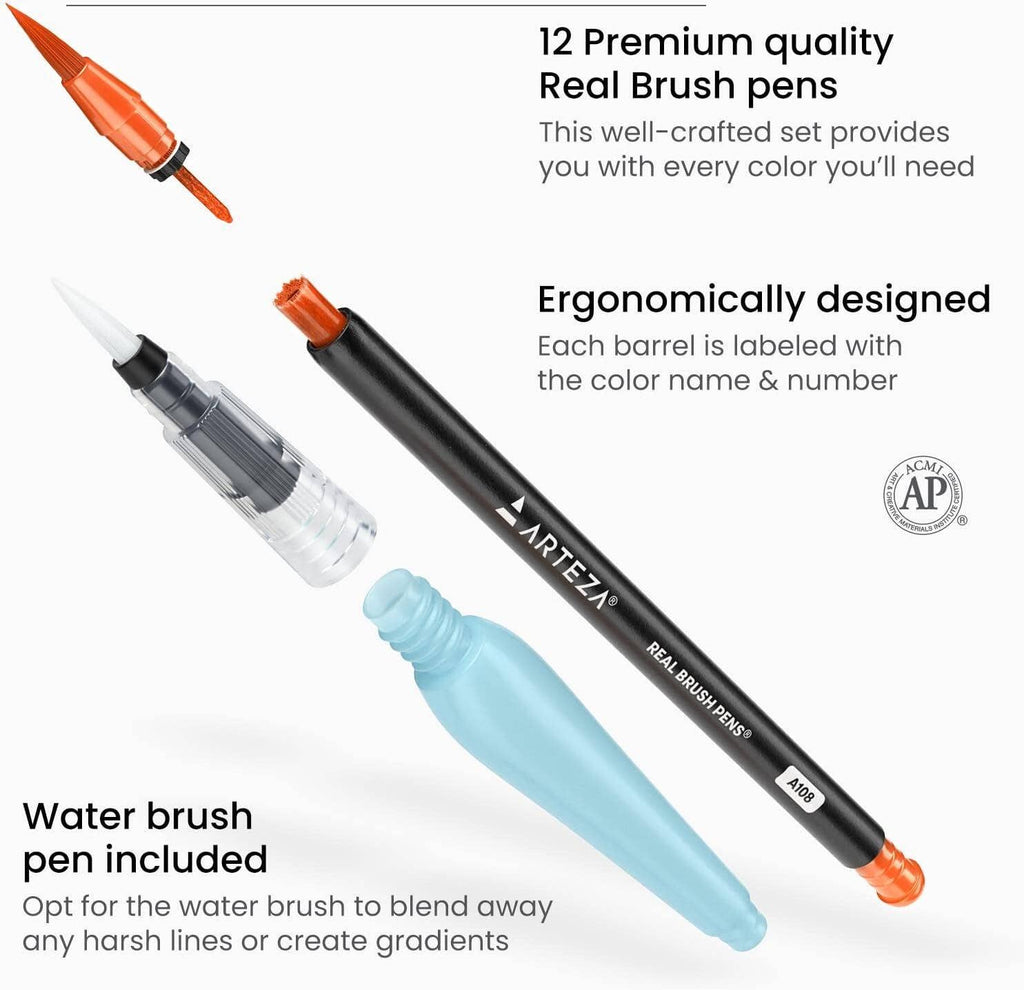 Arteza® Real Brush Pens® Set – 13-Piece Watercolor & Hand Lettering Educational Art Set