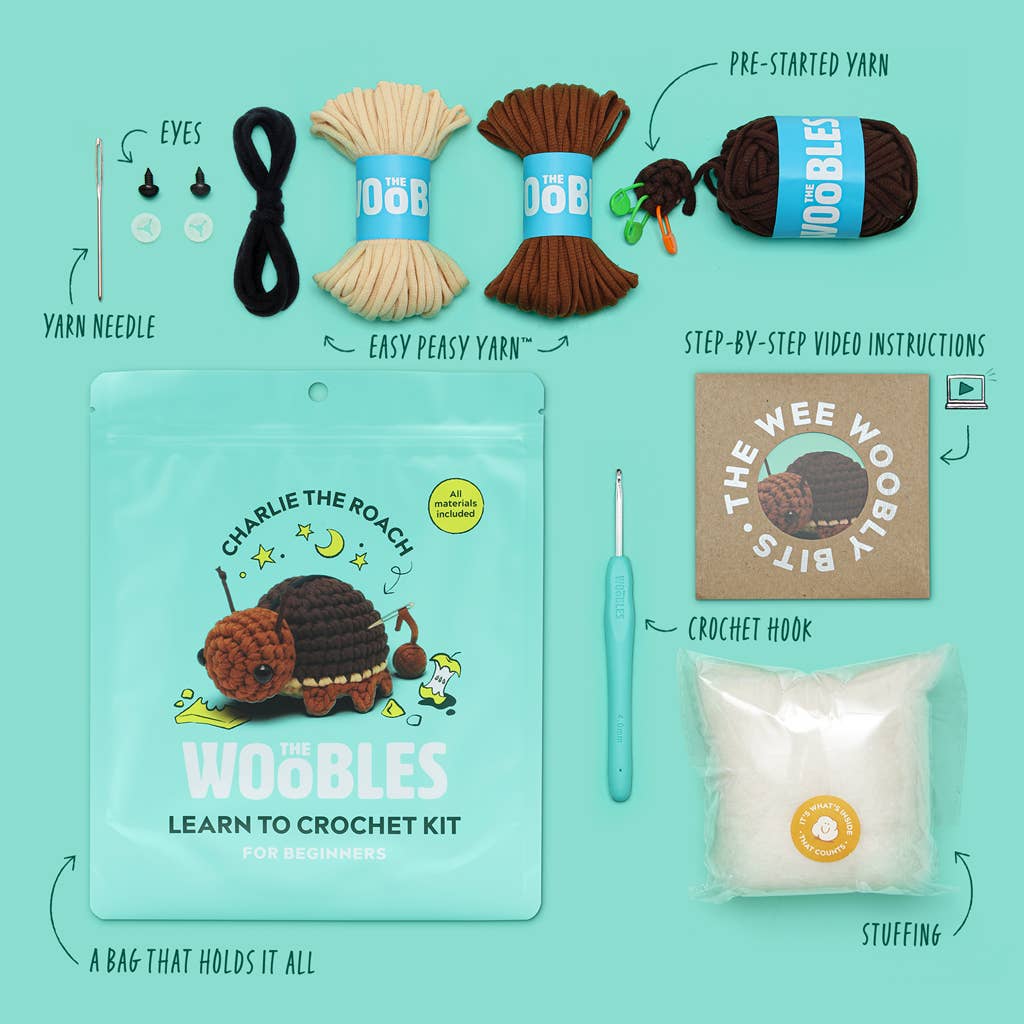 Educational Crochet Learning Kit – Beginner Fiber Arts Skill Development: Woobles Charlie the Roach Crochet Kit