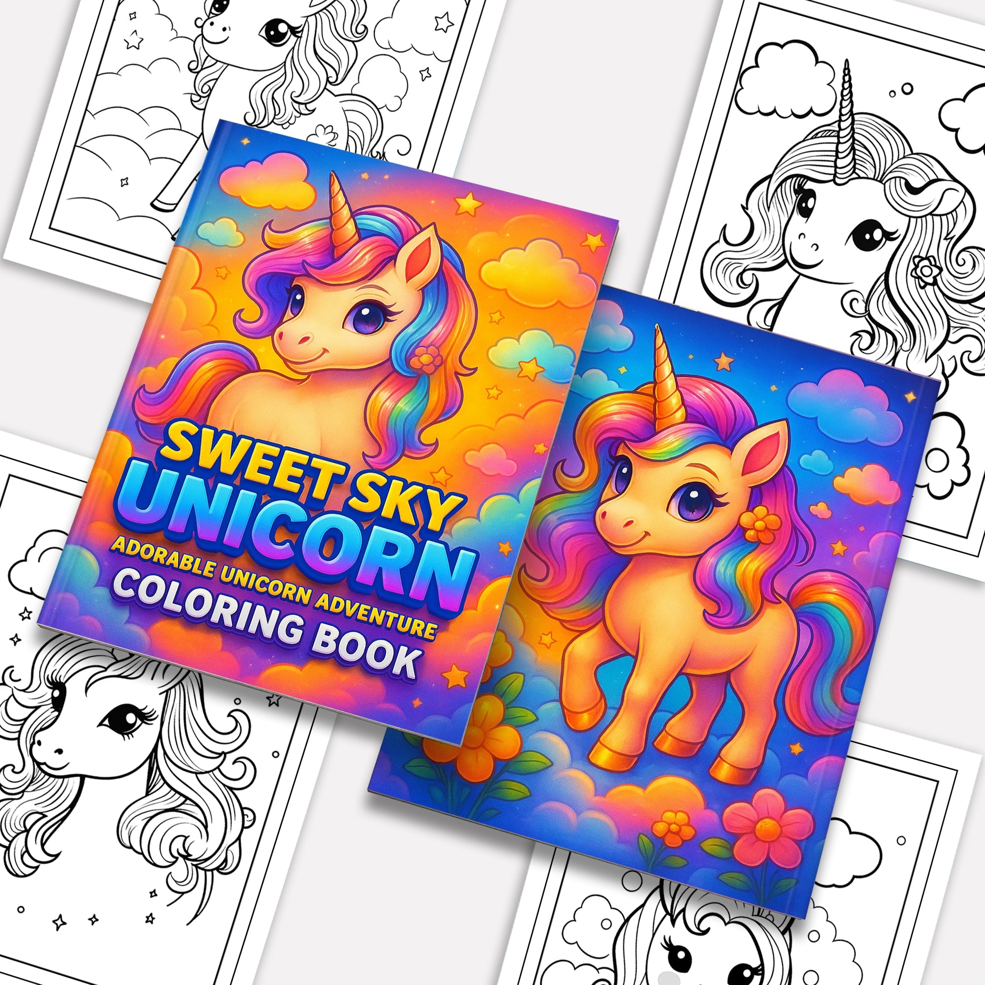Sweet Sky Unicorn Coloring Pages – 48 Pages – Adorable Unicorn Adventure Designs – For Kids