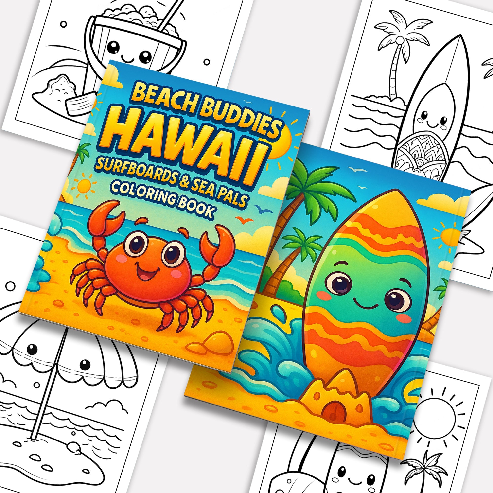 Beach Buddies Hawaii Coloring Pages – 48 Kawaii Surf & Sea Creatures – For Kids