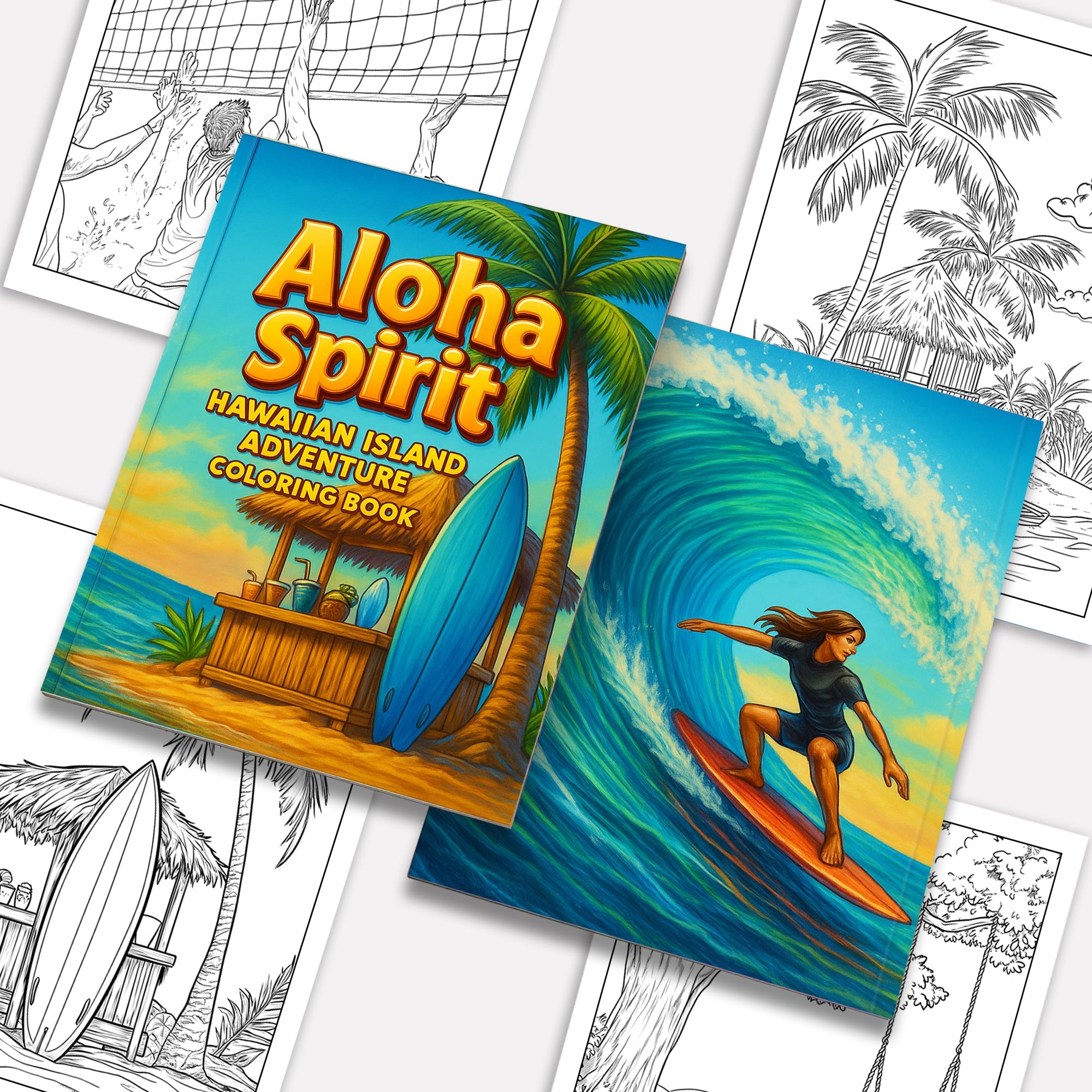 Aloha Spirit Hawaiian Coloring Pages – 48 Pages – Cute Island Life, Palm Trees, Surfboards – For Kids