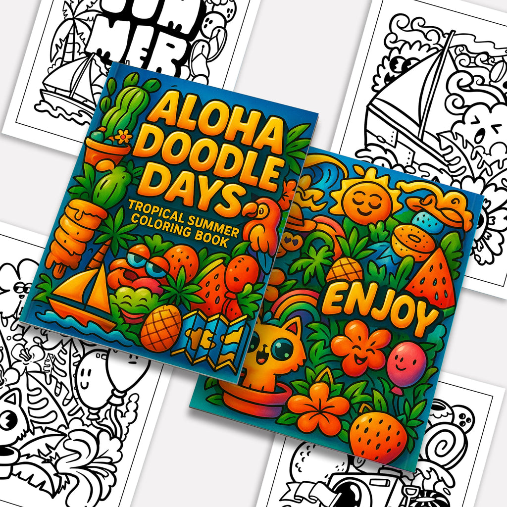 Aloha Doodle Days – Hawaii Coloring Pages – 48 Summer Vacation Scenes – For Kids