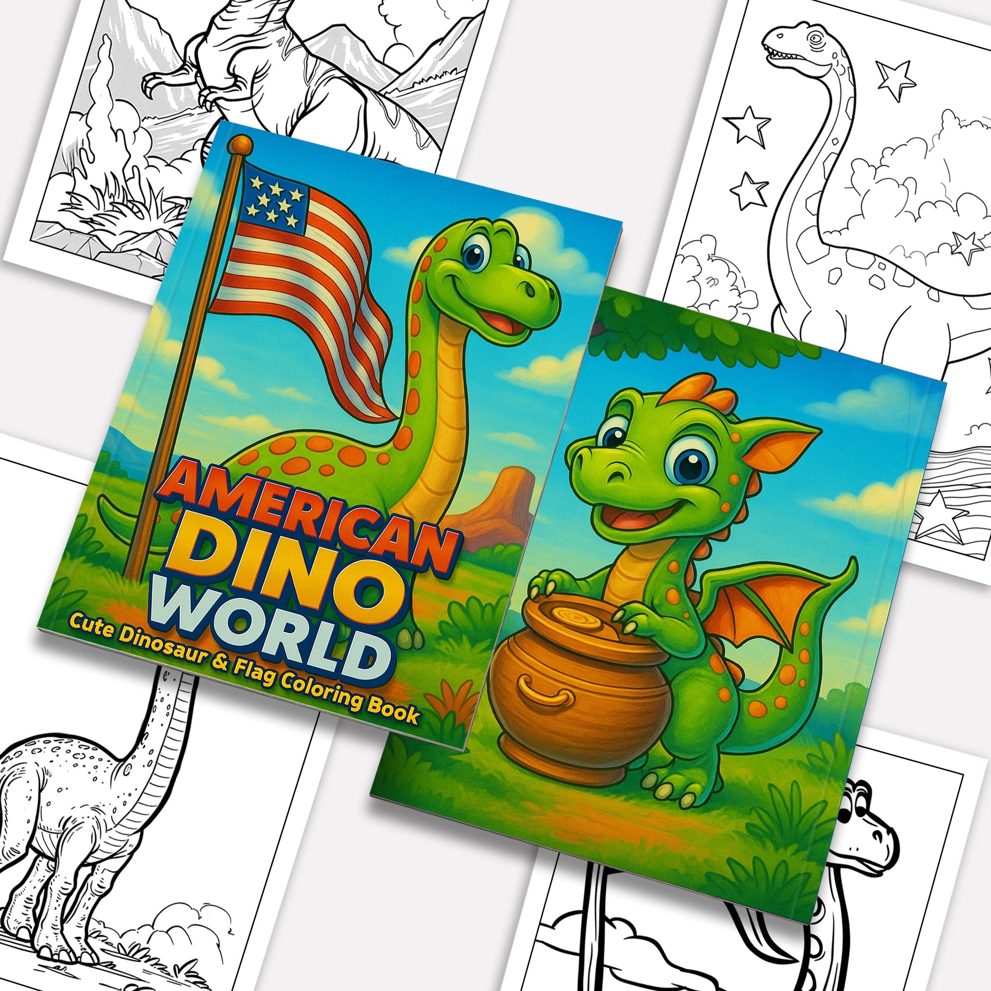 American Dino World – Cute Dinosaur & Flag Coloring Pages – 48 Pages – Cartoon Dino, Patriotic Scene – For Kids