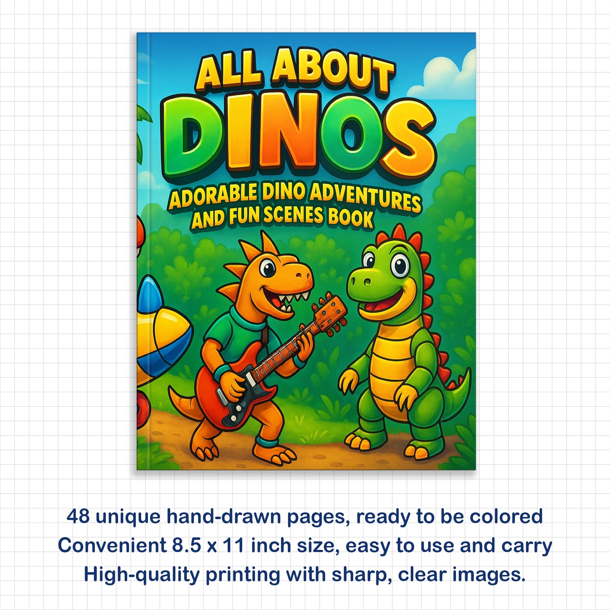 All About Dinos Coloring Pages – 48 Pages – Adorable Dino Adventures and Fun Scenes – For Kids