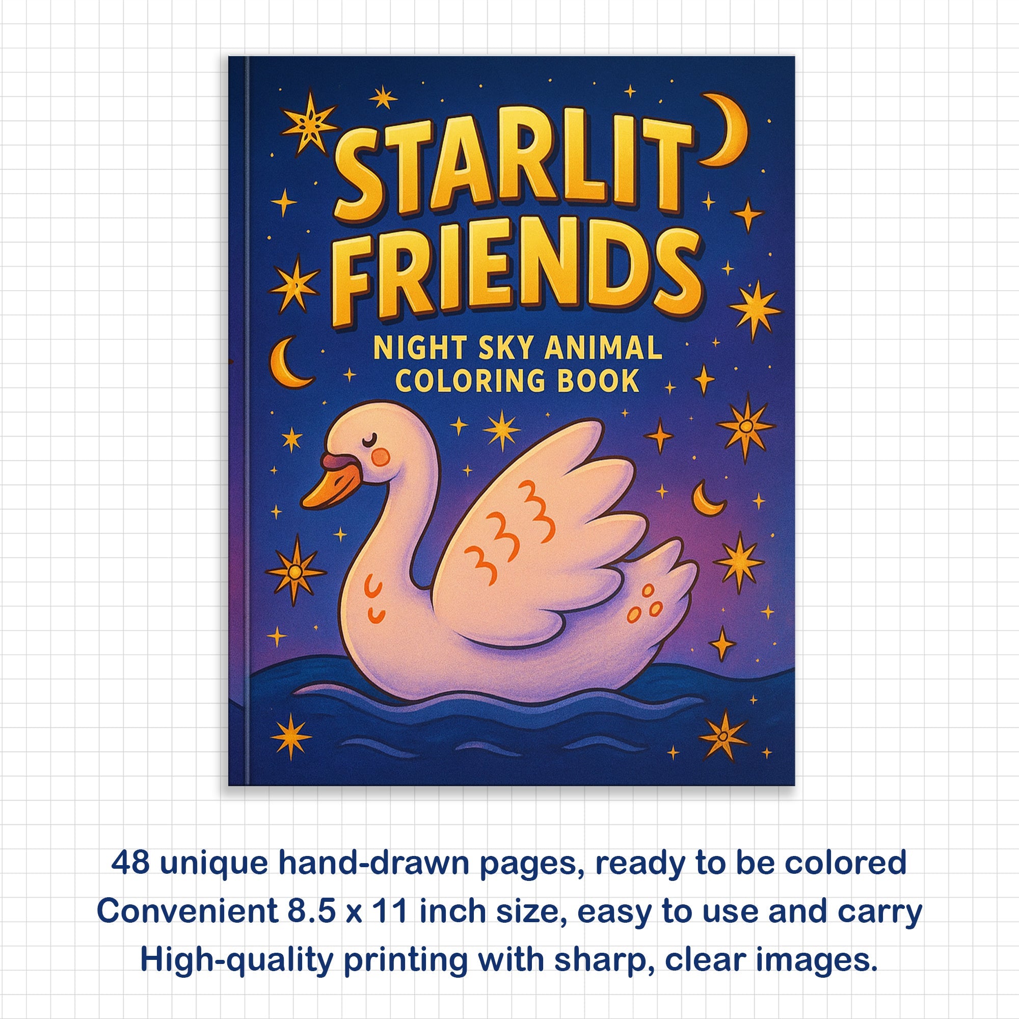 Starlit Friends Coloring Pages – 48 Pages – Cute Night Animals – For Kids
