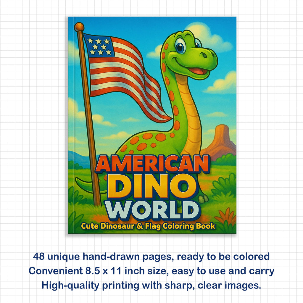 American Dino World – Cute Dinosaur & Flag Coloring Pages – 48 Pages – Cartoon Dino, Patriotic Scene – For Kids
