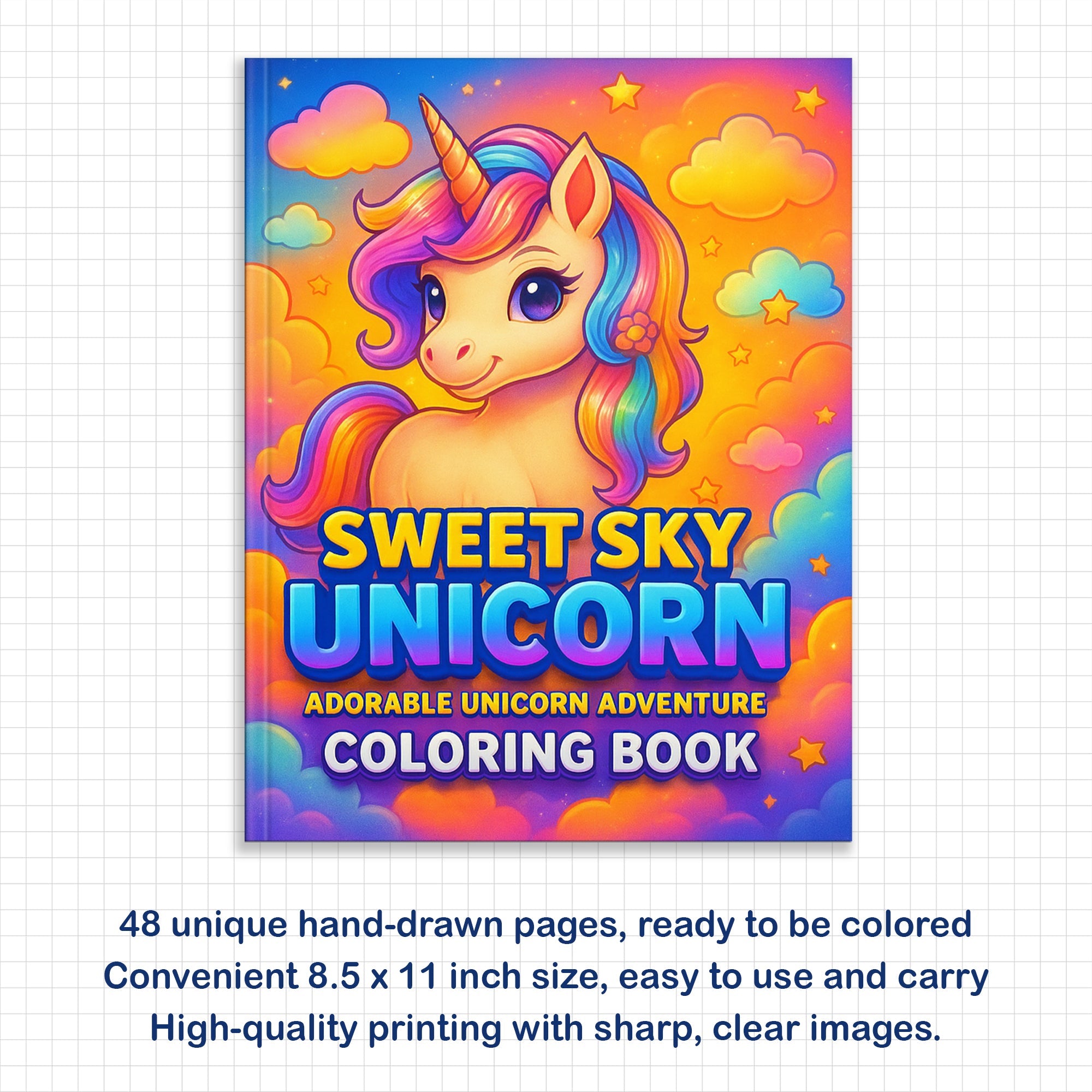 Sweet Sky Unicorn Coloring Pages – 48 Pages – Adorable Unicorn Adventure Designs – For Kids