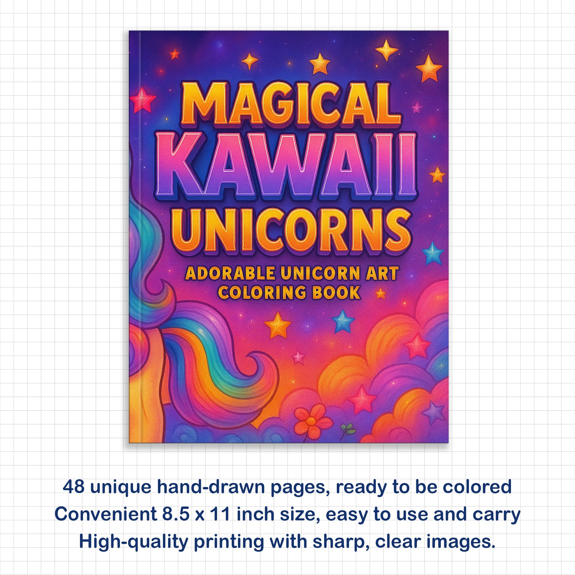 Magical Kawaii Unicorns Coloring Pages – 48 Pages – Adorable Fantasy Unicorn Designs – For Kids