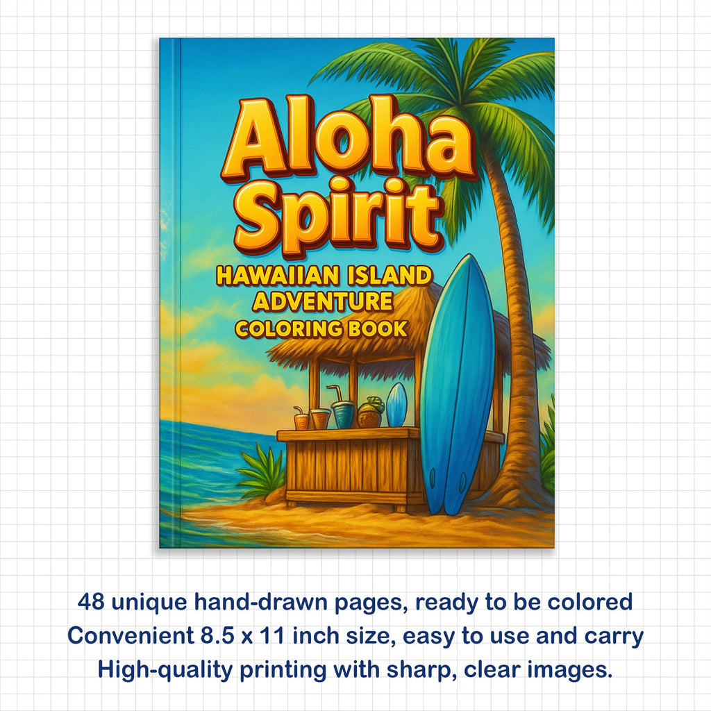 Aloha Spirit Hawaiian Coloring Pages – 48 Pages – Cute Island Life, Palm Trees, Surfboards – For Kids