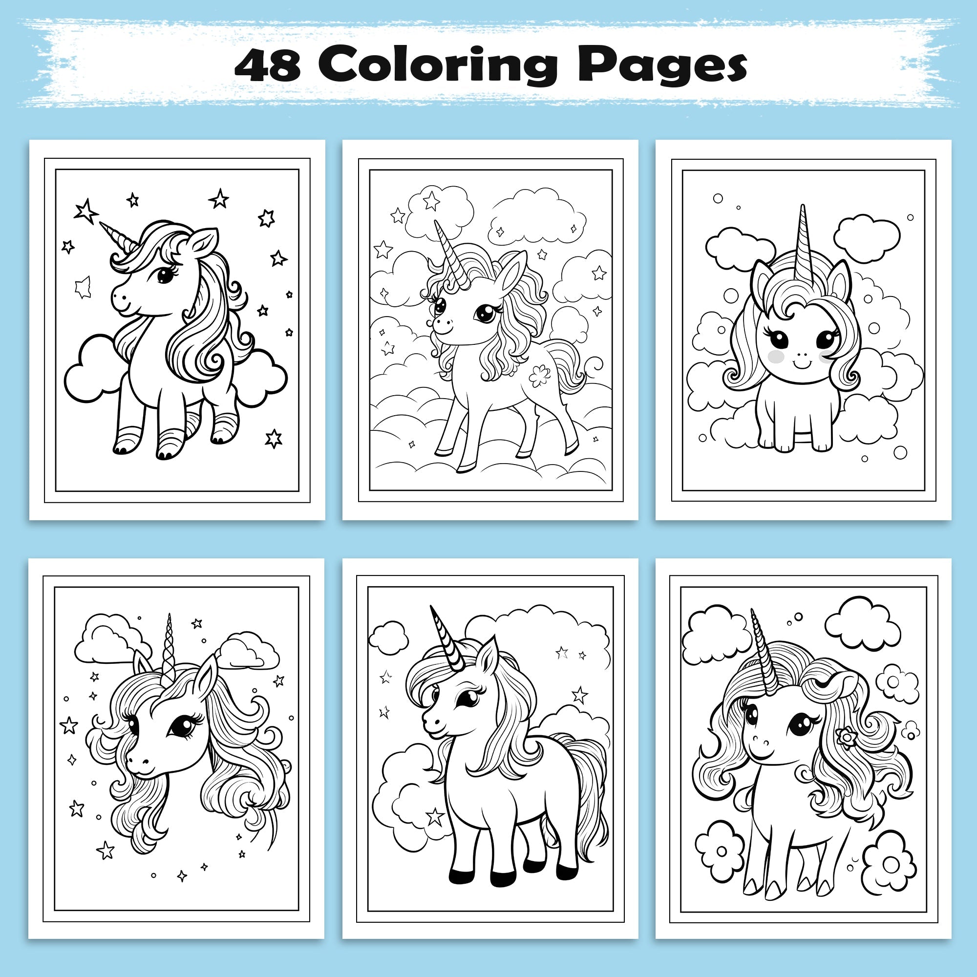 Sweet Sky Unicorn Coloring Pages – 48 Pages – Adorable Unicorn Adventure Designs – For Kids