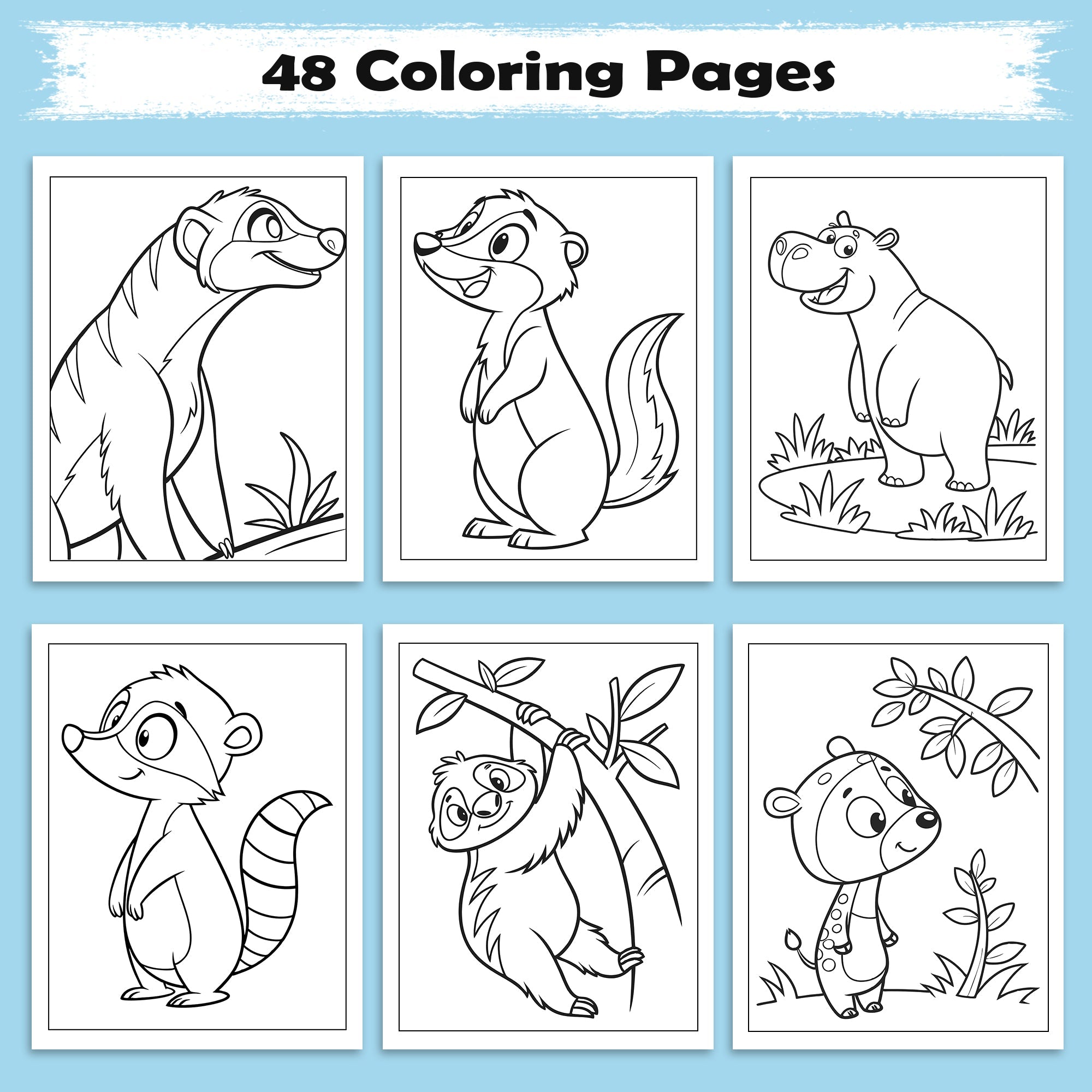 Wild Friends Coloring Pages – 48 Pages – Fun Animal Designs – For Kids