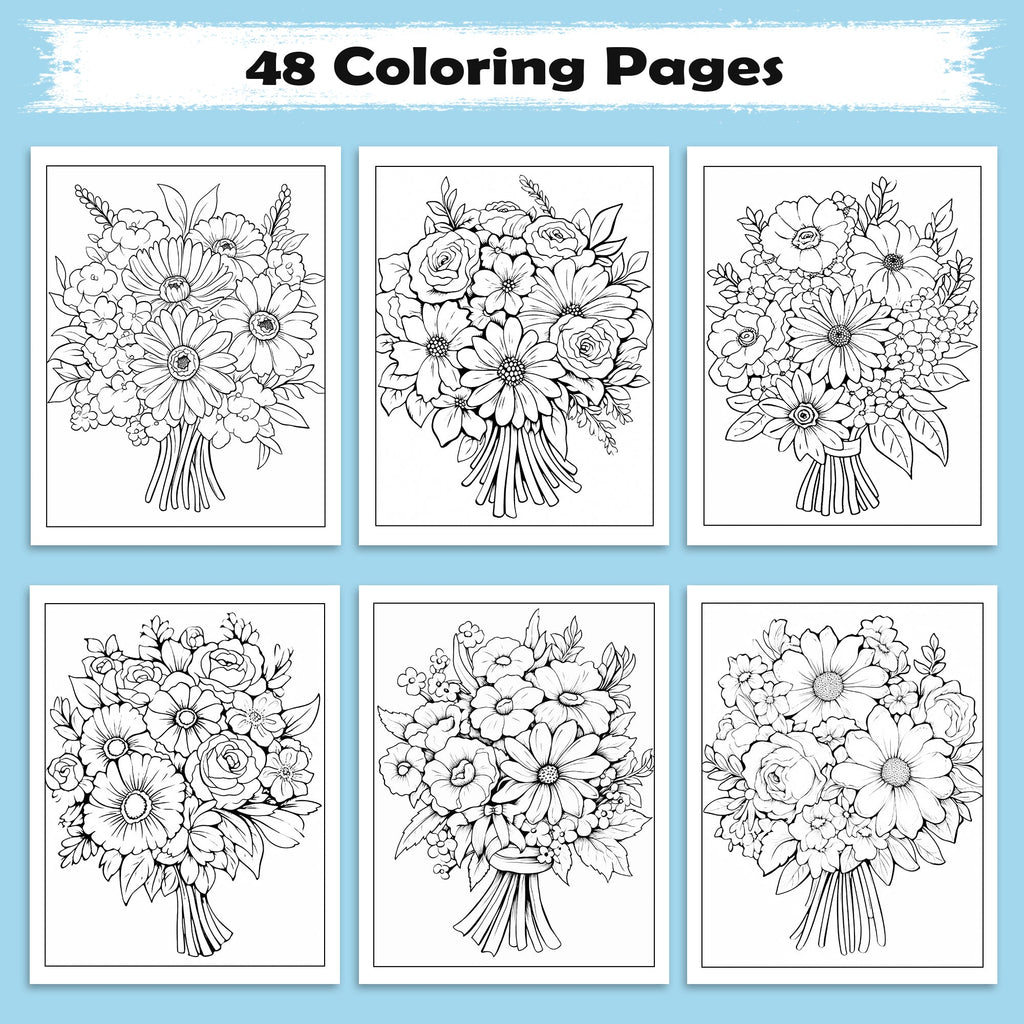 Charming Blooms Coloring Pages – 48 Pages – Flower Bunches, Leaves and Petals, Nature Art – For Adults