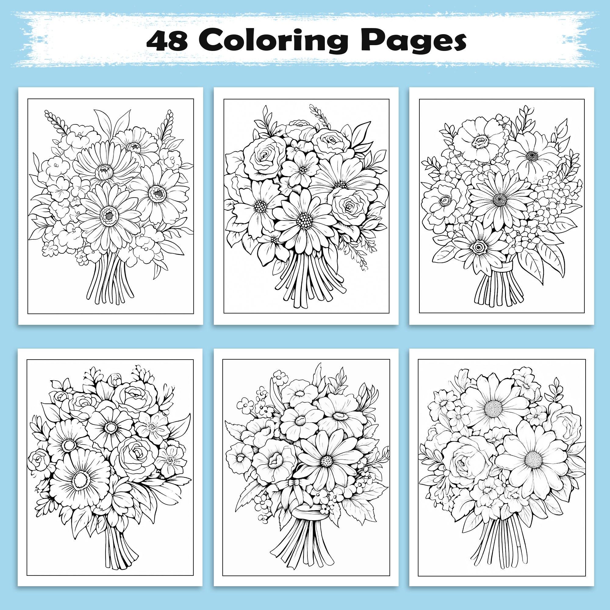 Charming Blooms Coloring Pages – 48 Pages – Flower Bunches, Leaves and Petals, Nature Art – For Adults