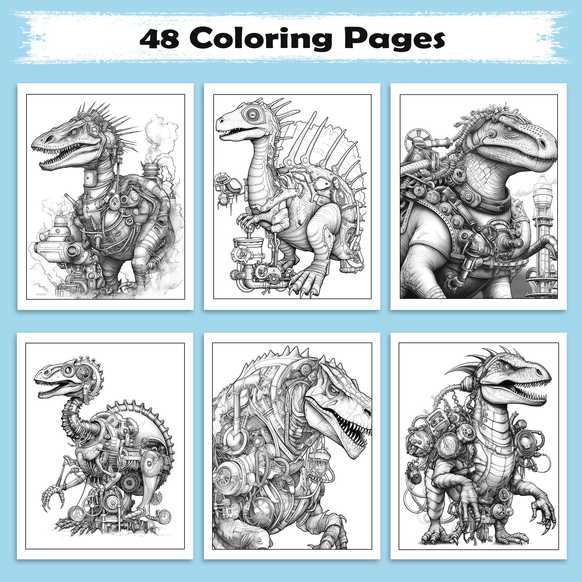 Steampunk Dinosaurs – Mechanical Dino Adventure Coloring Pages – 48 Pages – Complex Line Art, For Adults