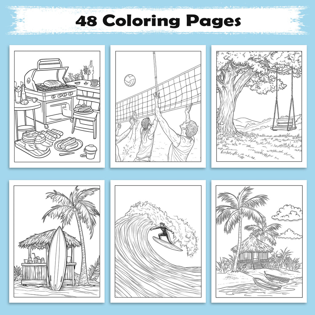 Aloha Spirit Hawaiian Coloring Pages – 48 Pages – Cute Island Life, Palm Trees, Surfboards – For Kids