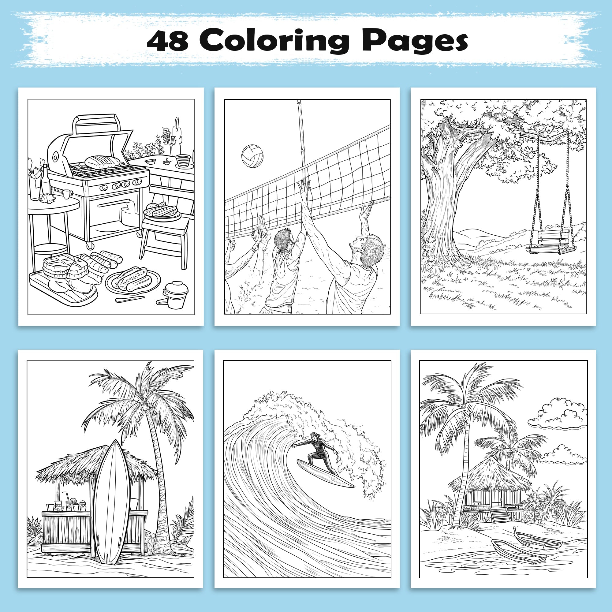 Aloha Spirit Hawaiian Coloring Pages – 48 Pages – Cute Island Life, Palm Trees, Surfboards – For Kids