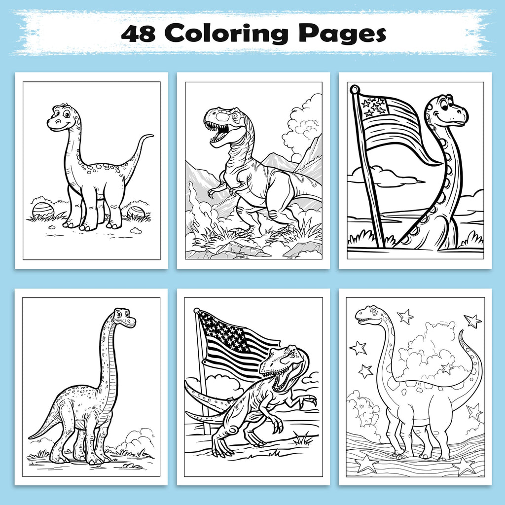 American Dino World – Cute Dinosaur & Flag Coloring Pages – 48 Pages – Cartoon Dino, Patriotic Scene – For Kids