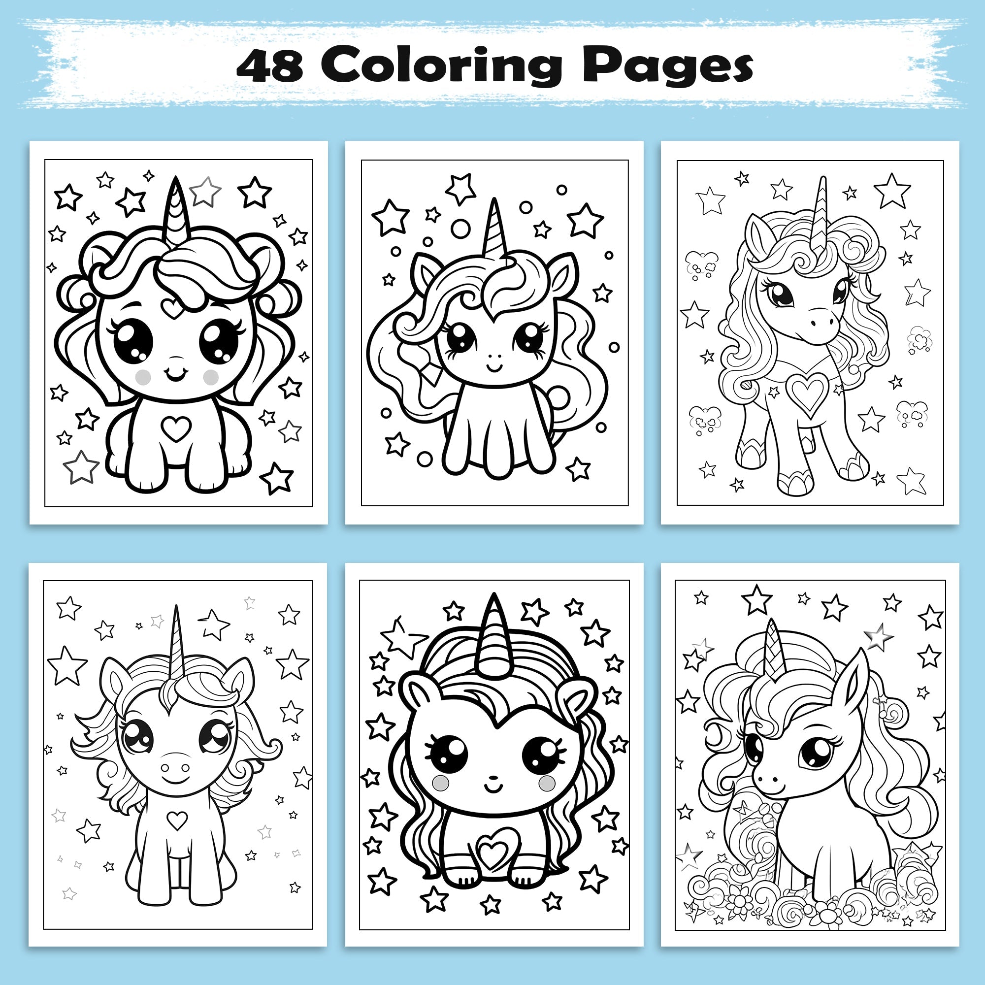 Magical Kawaii Unicorns Coloring Pages – 48 Pages – Adorable Fantasy Unicorn Designs – For Kids