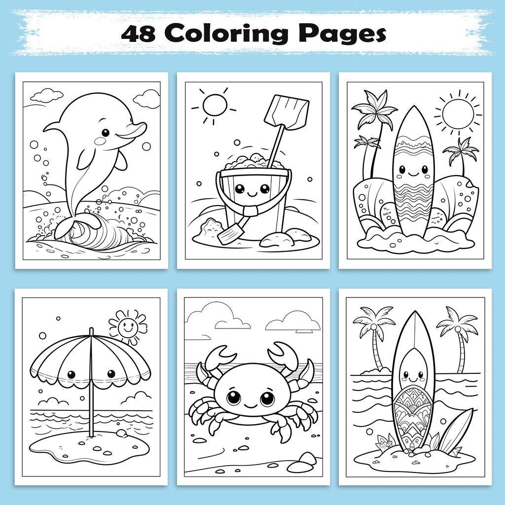 Beach Buddies Hawaii Coloring Pages – 48 Kawaii Surf & Sea Creatures – For Kids