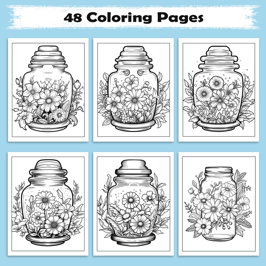 Garden in a Jar Coloring Pages – 48 Pages – Flower Jars, Nature Terrarium Scenes – For Adults