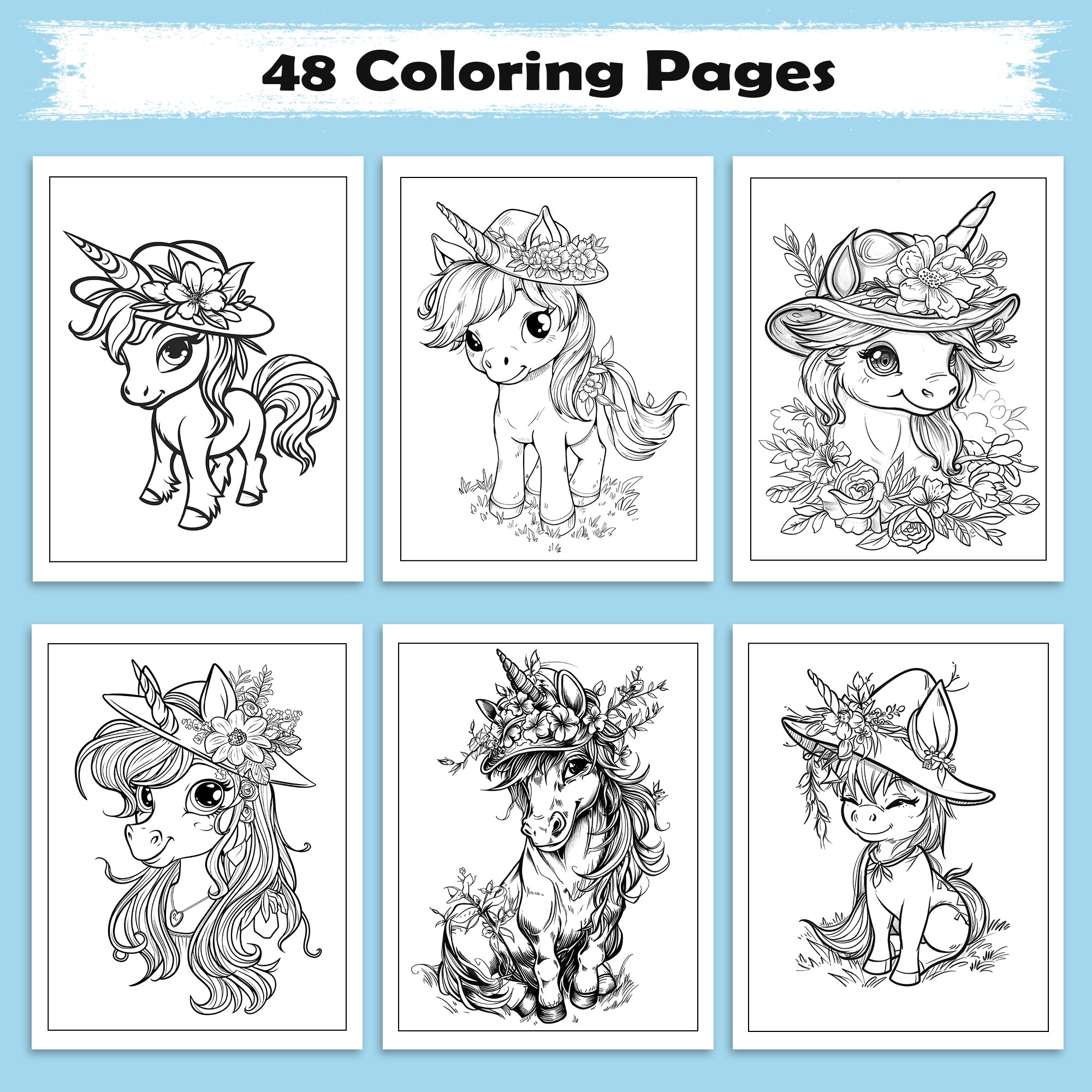 Floral Unicorn Magic Coloring Pages – 48 Pages – Adorable Flower Unicorn Designs – For Kids