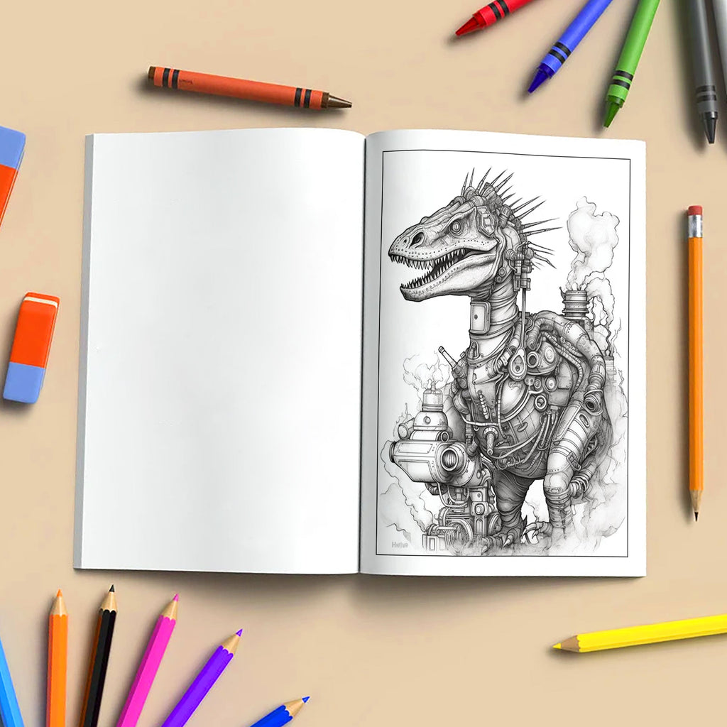Steampunk Dinosaurs – Mechanical Dino Adventure Coloring Pages – 48 Pages – Complex Line Art, For Adults