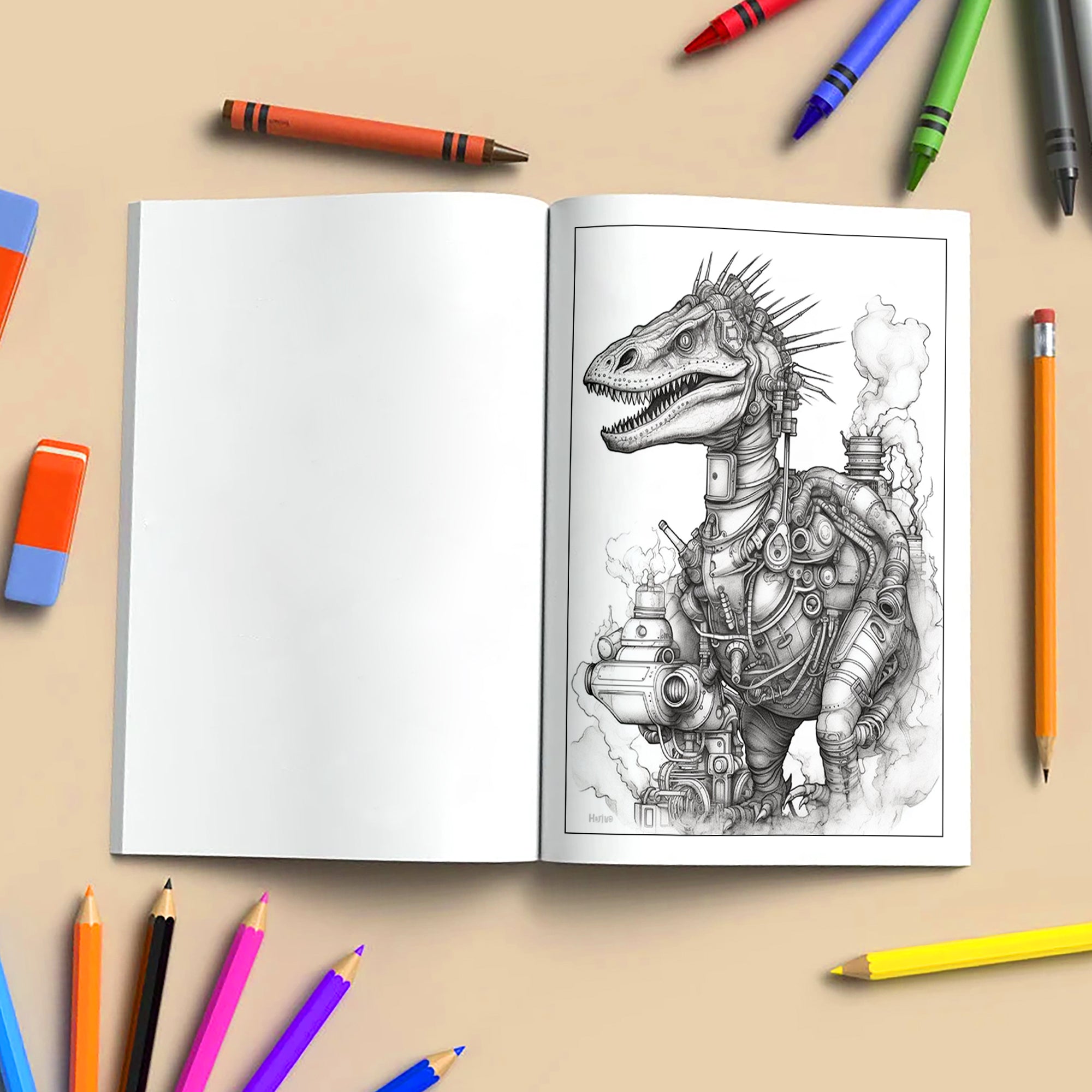 Steampunk Dinosaurs – Mechanical Dino Adventure Coloring Pages – 48 Pages – Complex Line Art, For Adults