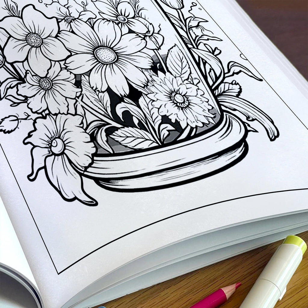 Garden in a Jar Coloring Pages – 48 Pages – Flower Jars, Nature Terrarium Scenes – For Adults
