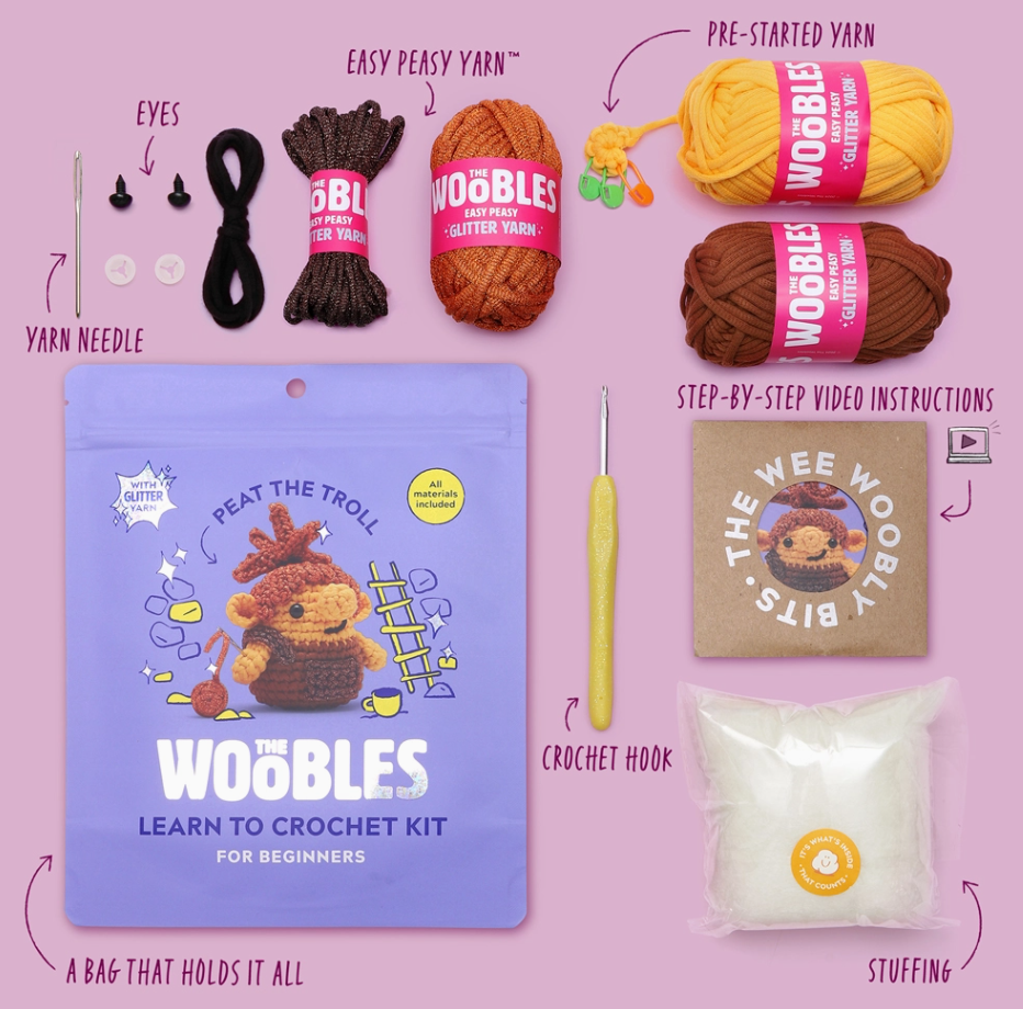 Educational Crochet Learning Kit – Beginner Fiber Arts Skill Development: The Woobles Peat the Troll Crochet Kit