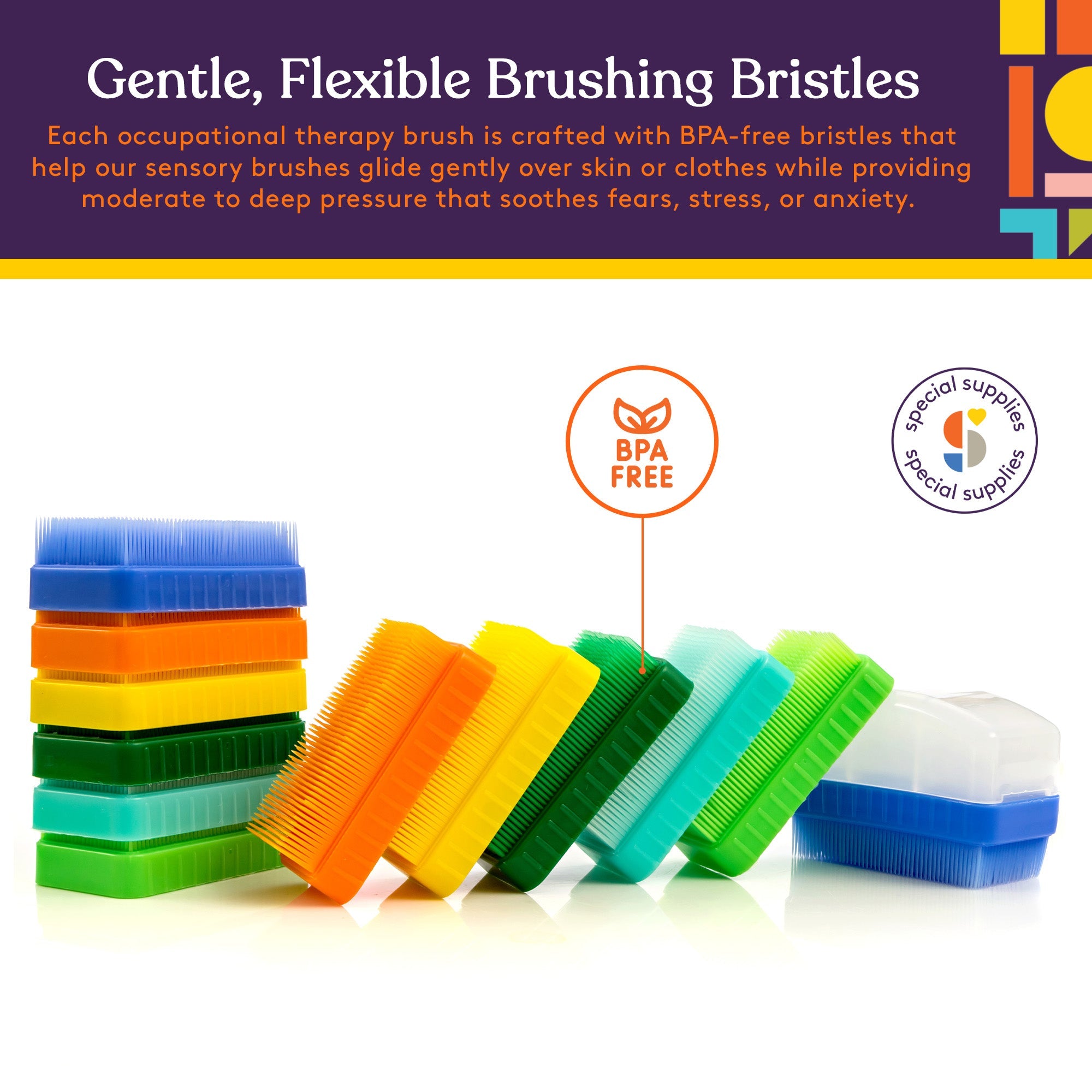 Special Supplies Therapy Brushes Colorful 12-Pack + Removable Handle, Calming Occupational and Sensory Tools with Deep Pressure Massage, Soft Bristles, Stimulates and Calms Kids or Adults, Latex-Free