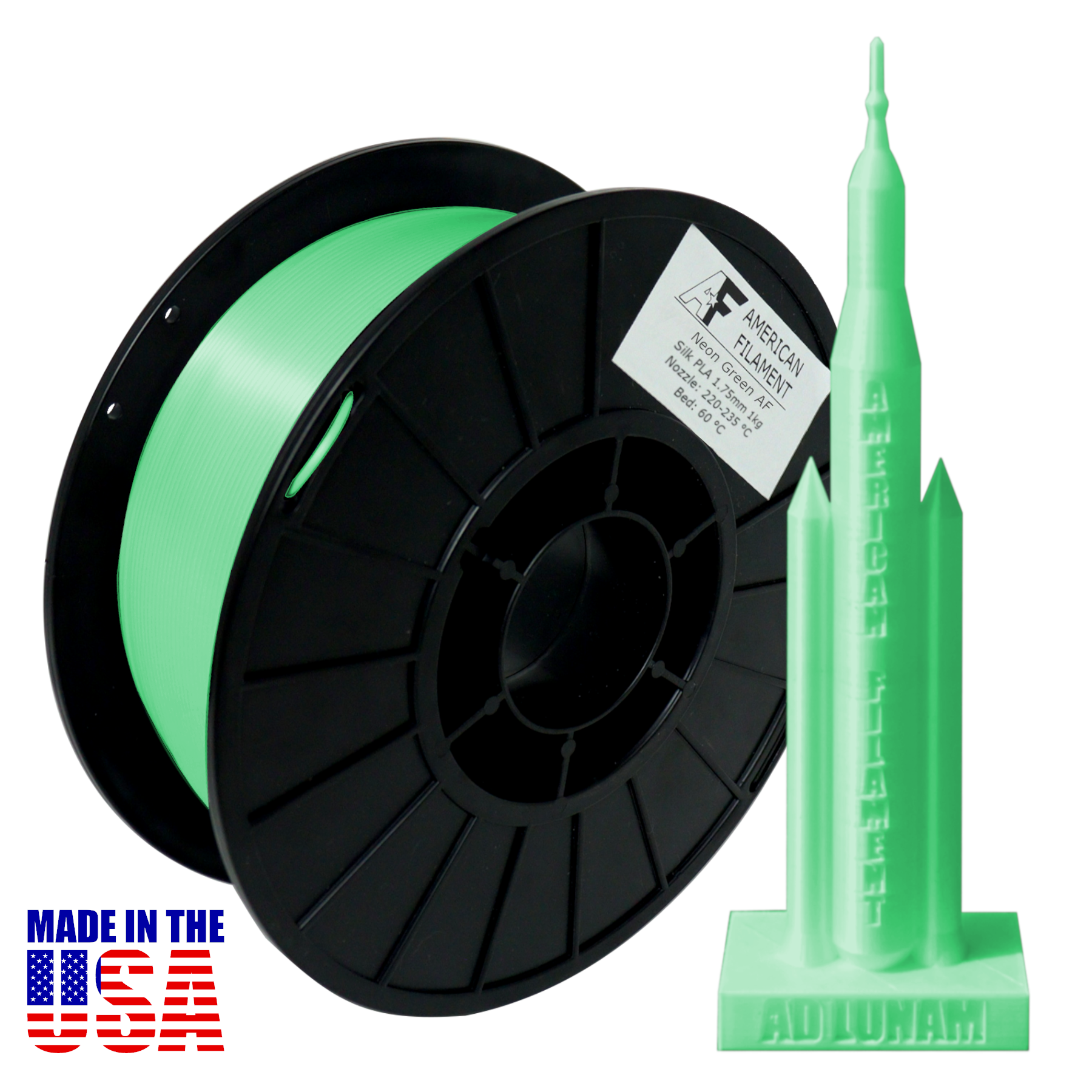 Neon Green AF Silk PLA 3D Printer Filament, 1.75 mm Diameter, 1 kg Spool