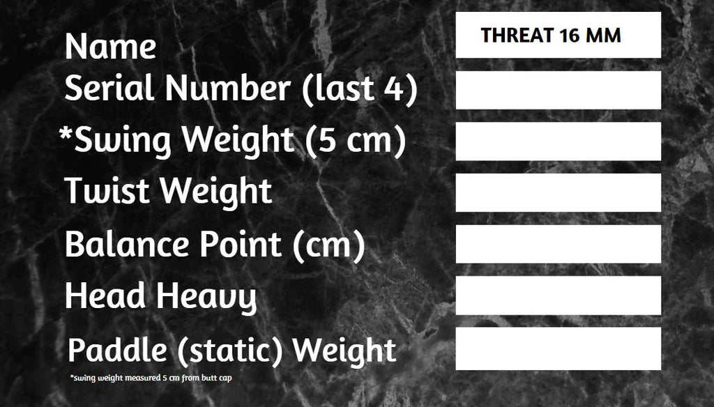 THREAT 16 SINGLES Includes custom weight card, paddle cover, paddle eraser, and lead weights.