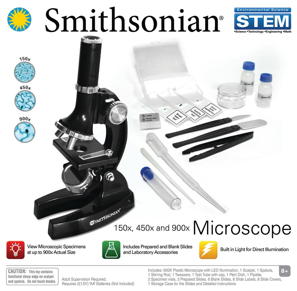 Smithsonian Microscope Science Lab Kit – STEM Biology Learning Tool with Slides, Specimen Tools, and Observation Equipment (Up to 900x Magnification)