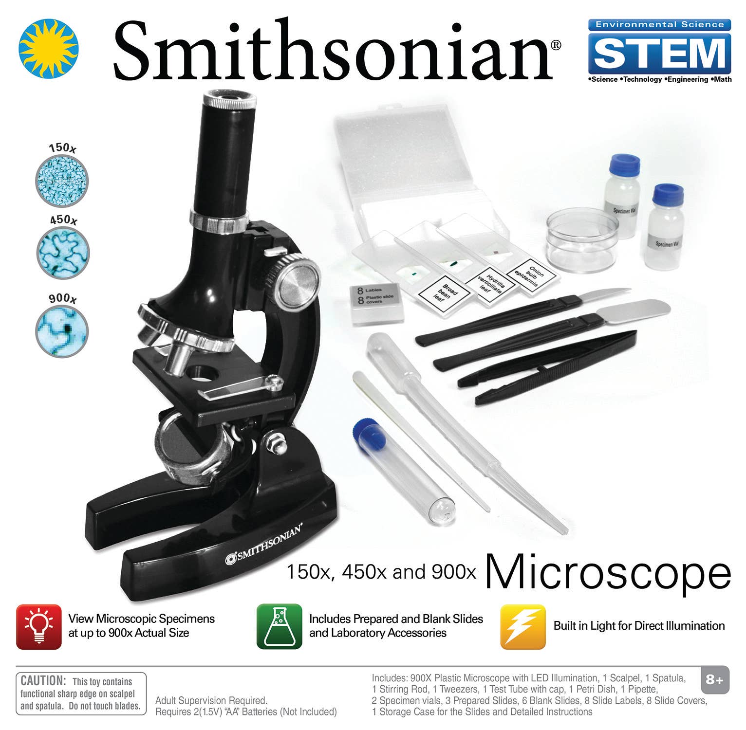 Smithsonian Microscope Science Lab Kit – STEM Biology Learning Tool with Slides, Specimen Tools, and Observation Equipment (Up to 900x Magnification)